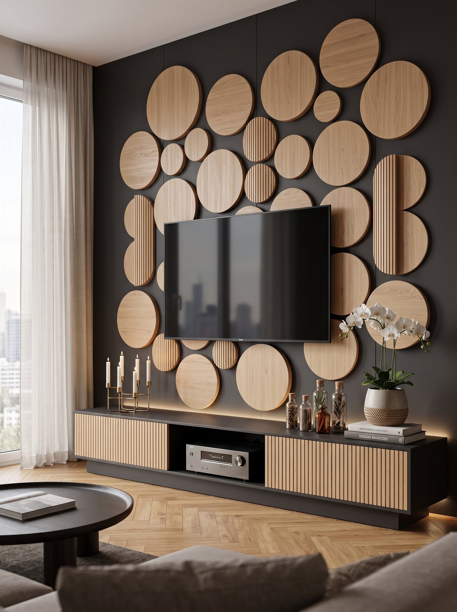 Rustic modern living room with herringbone floors and a wood panel media wall