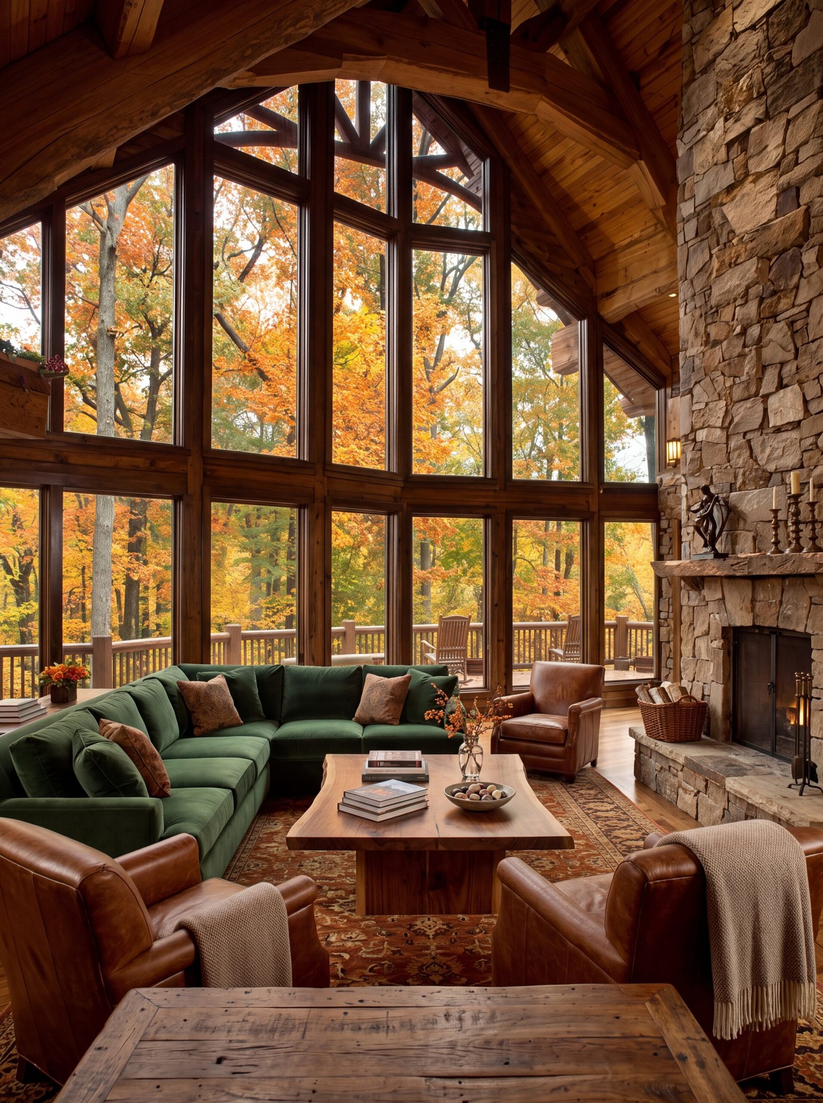 Wood log house living room with green velvet sectional facing floor-to-ceiling windows