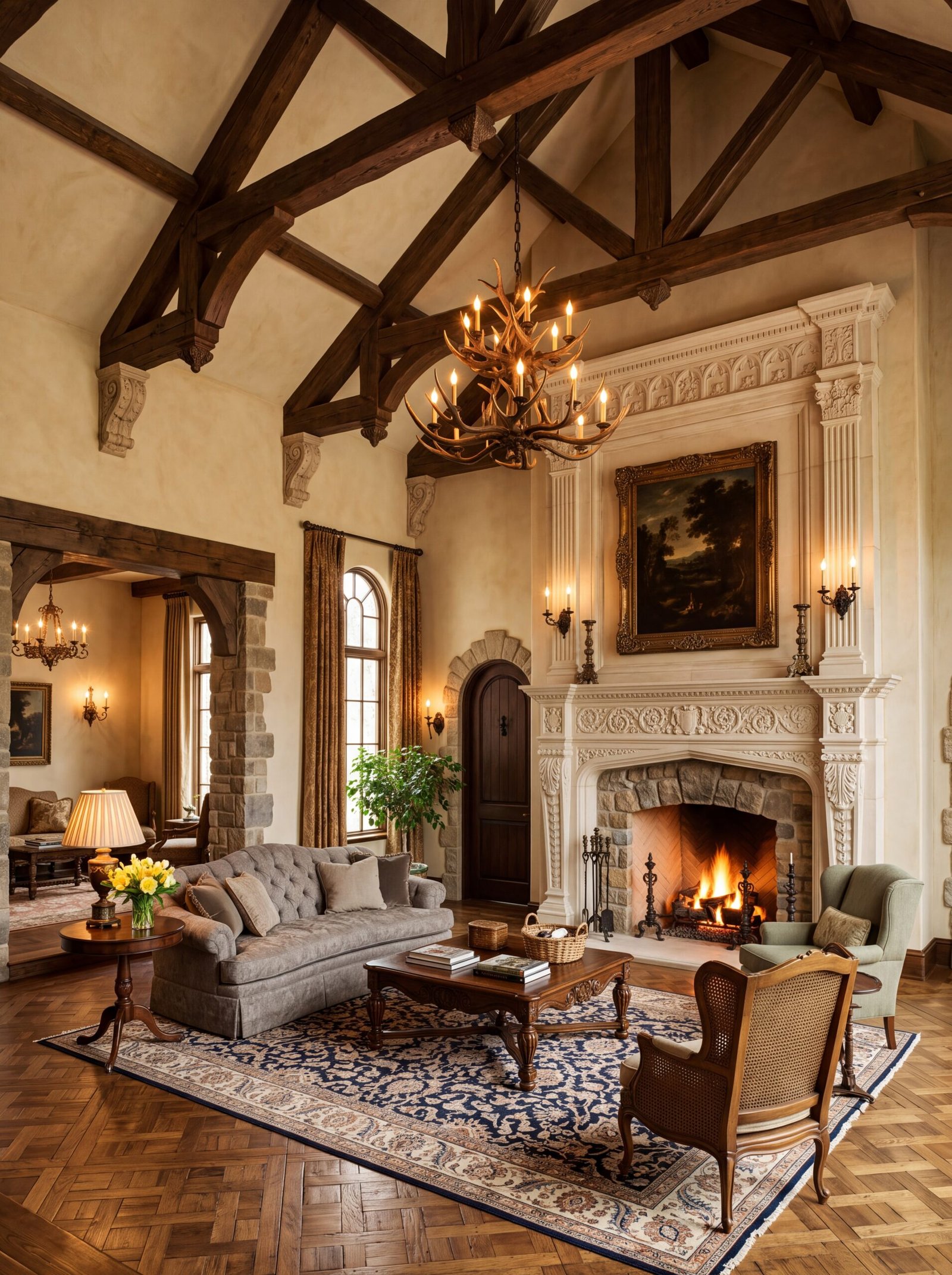 English manor living room design with carved stone fireplace and antler chandelier.