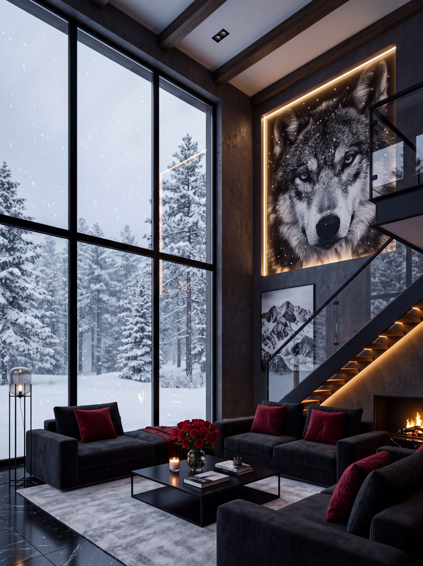 Snowy forest view through floor-to-ceiling windows in a dark cabin-style living room.