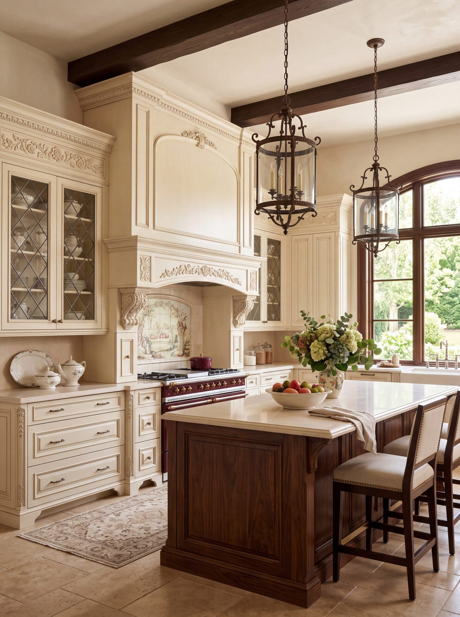 Old-world kitchen with carved cream cabinetry and a burgundy range cooker.