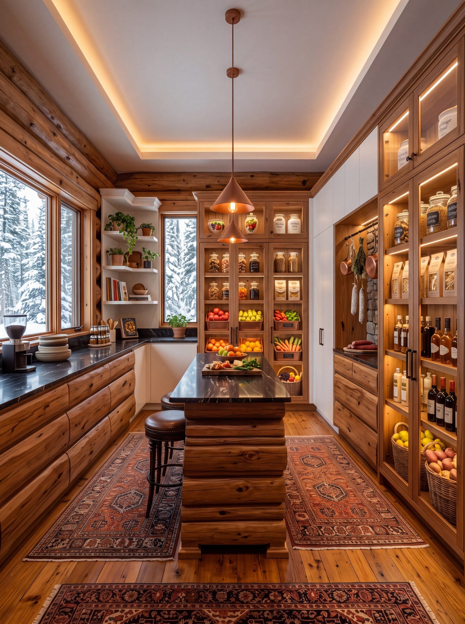 Modern log cabin pantry with a tray ceiling, cove lighting, and copper pendants