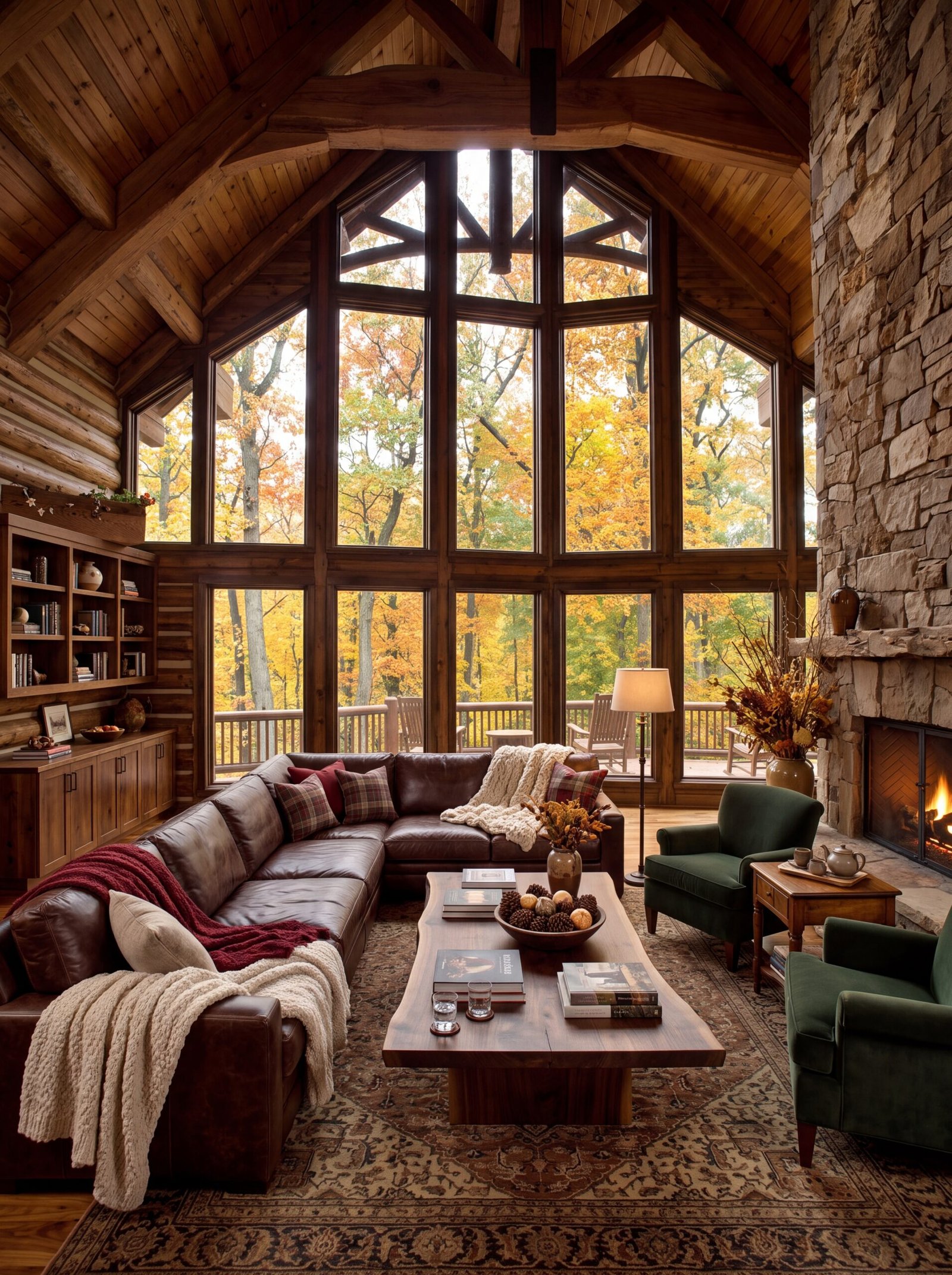 Log cabin great room featuring leather sectional and green velvet accent chairs