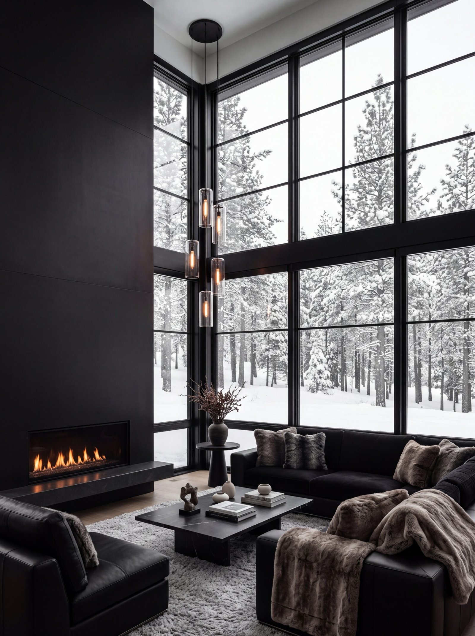 Corner window living room design with black leather sofas and a snowy forest view.