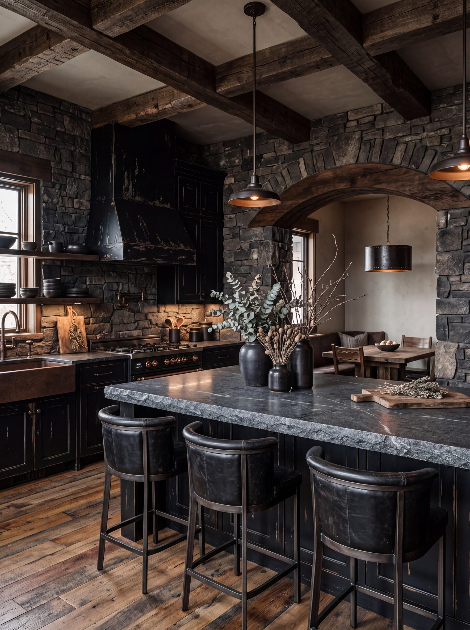 Moody black kitchen with stacked stone walls and a copper farmhouse sink.
