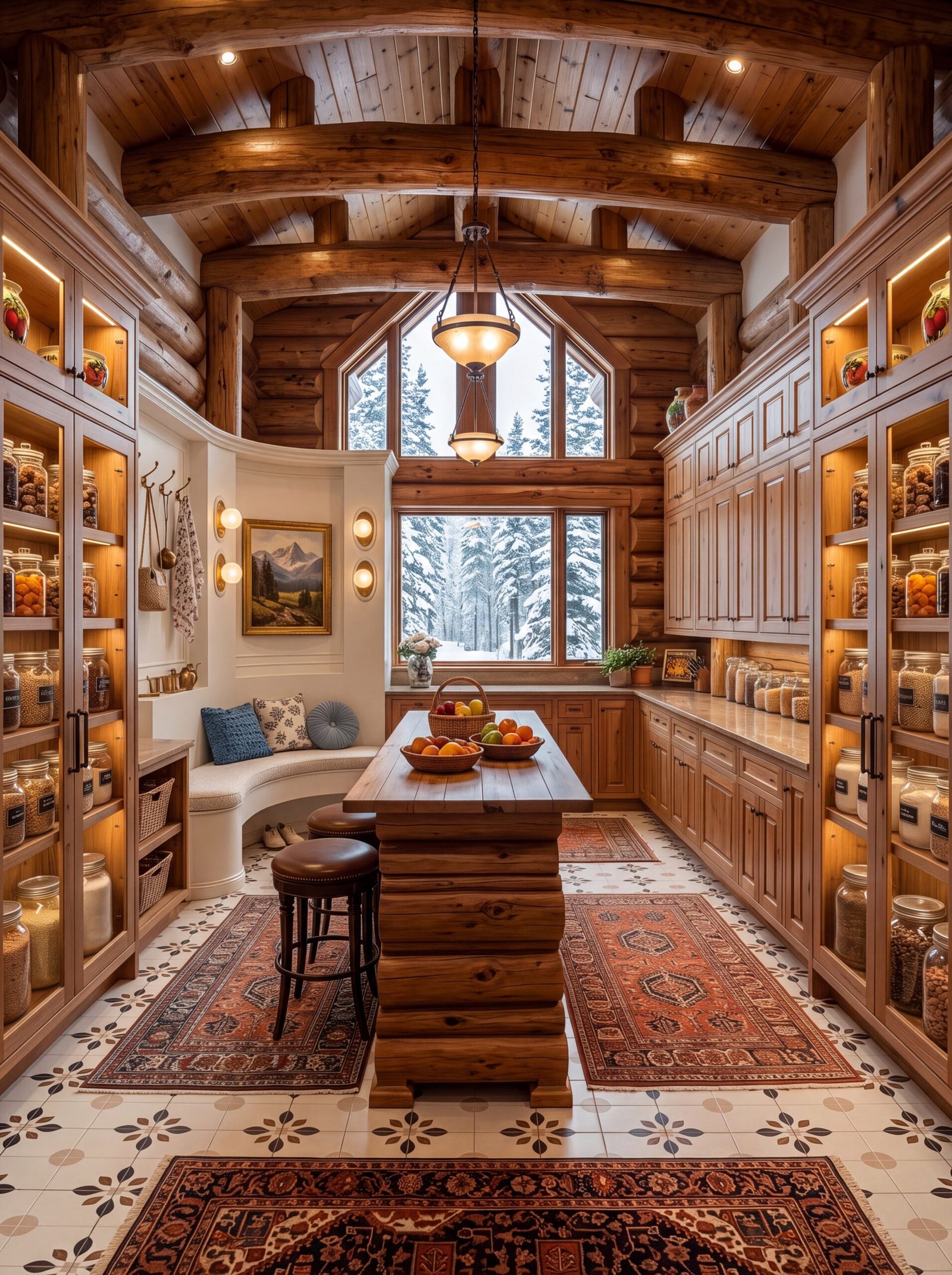 Log cabin pantry with a curved white banquette, blue cushions, and brass wall sconces
