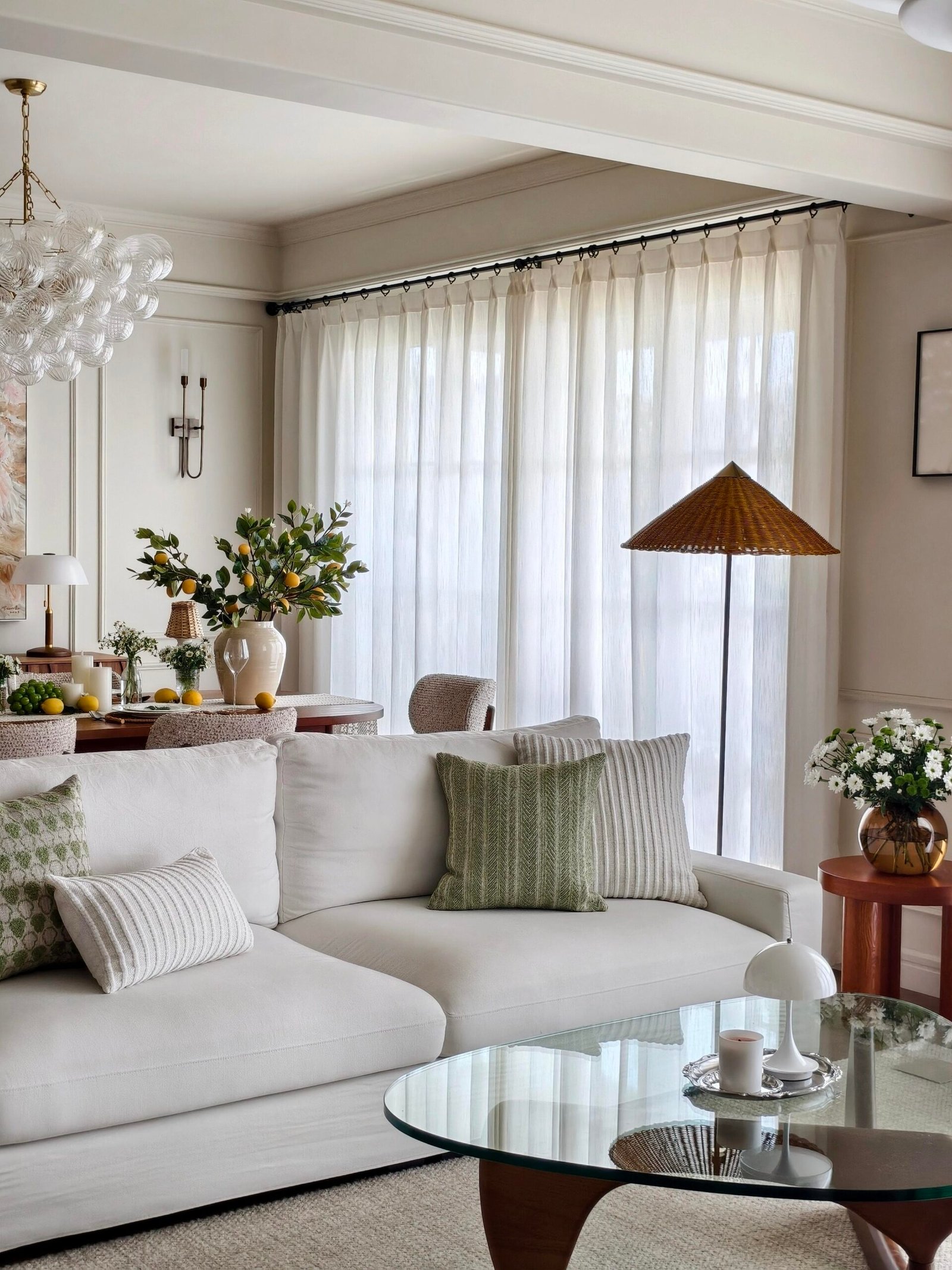 Living room with white sofa styled beside a dining table decor ideas nook