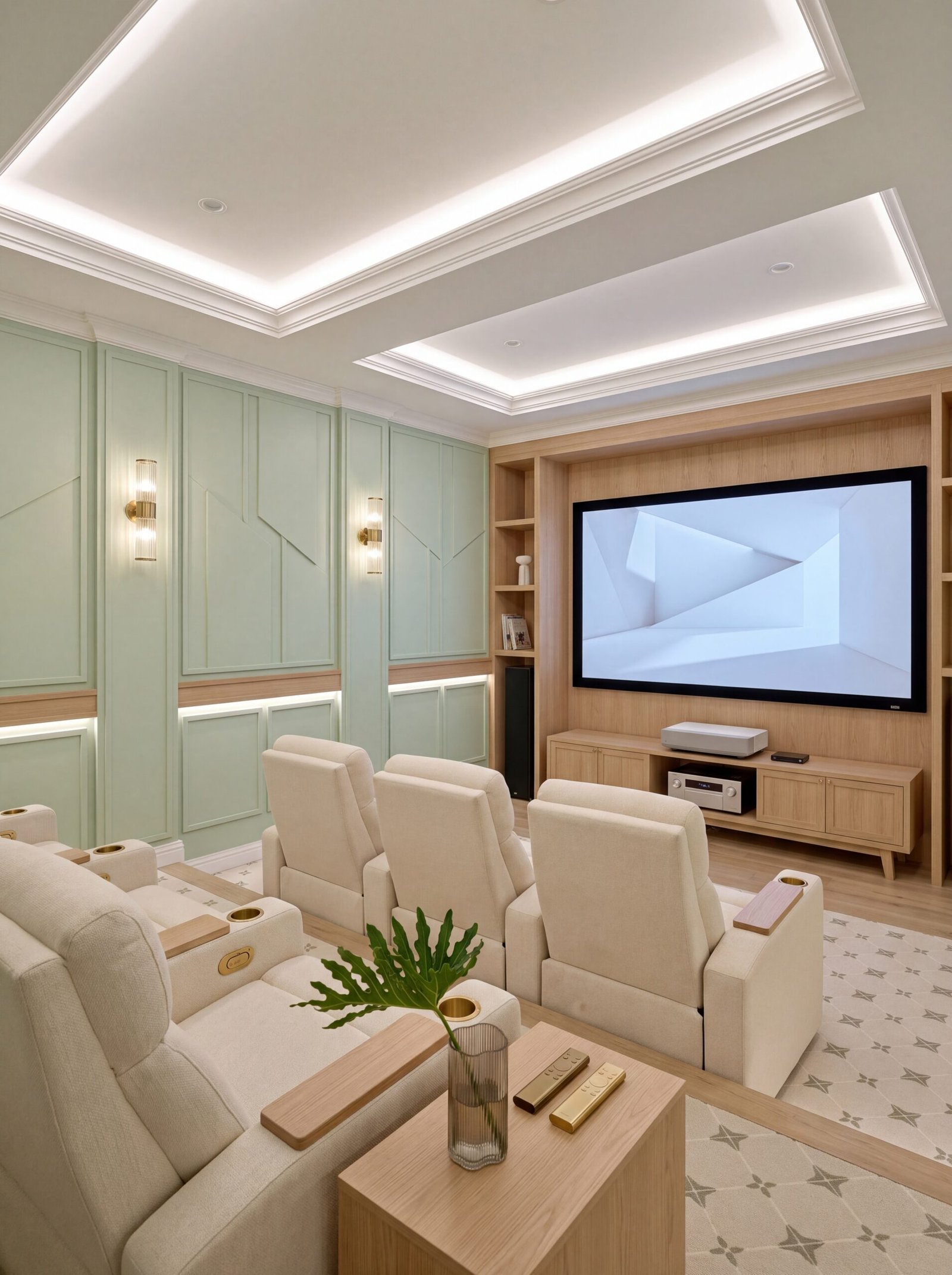 Home theater room with sage green paneled walls and recessed cove lighting.