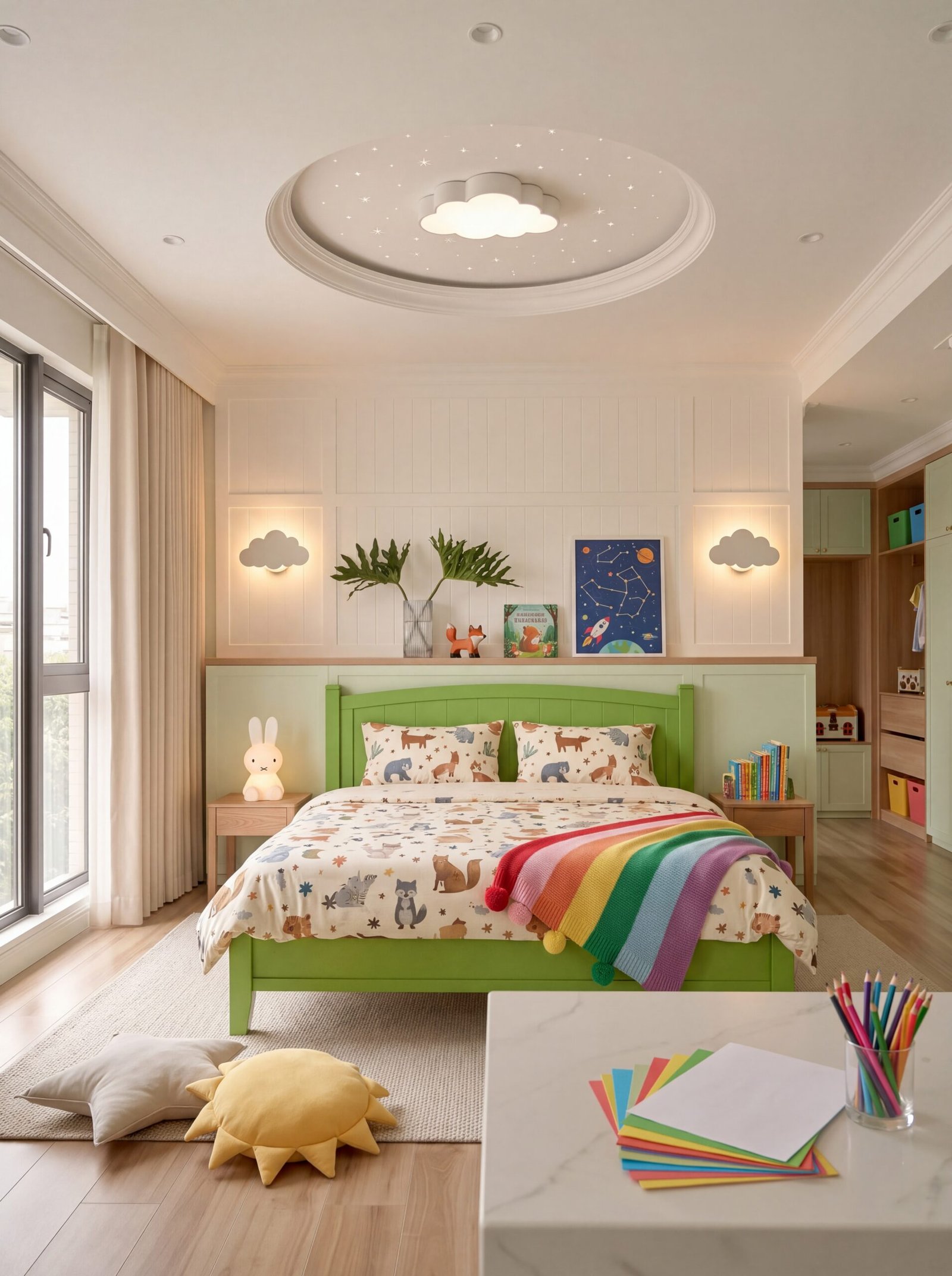 Kids bedroom with bright green bed frame, rainbow bedding, and cloud-shaped wall sconces.