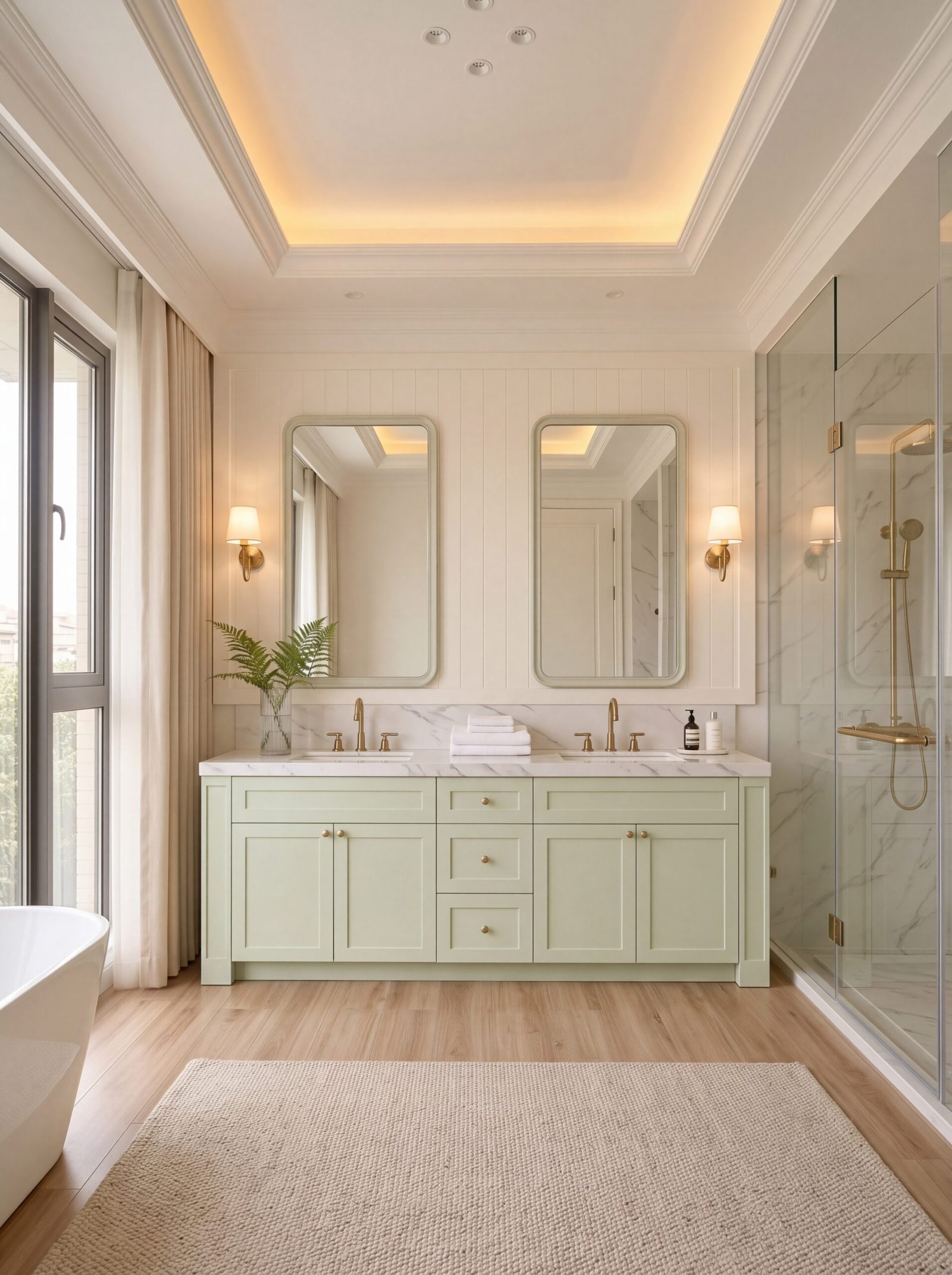 Bathroom interior featuring a freestanding tub, glass shower, and tray ceiling with cove lighting.