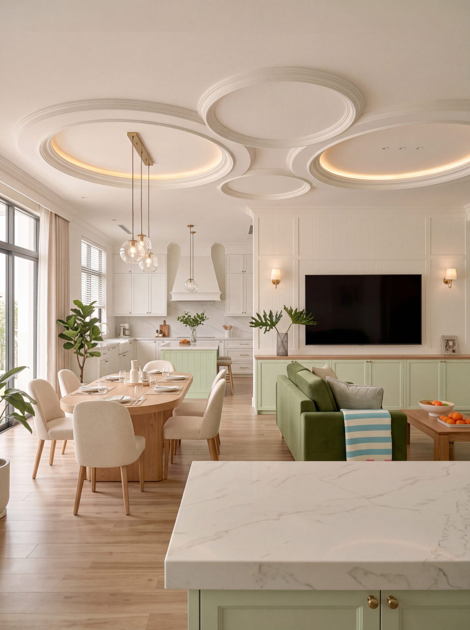 Open-concept living space with sculptural cove ceiling, dining table, and sage green kitchen cabinets.