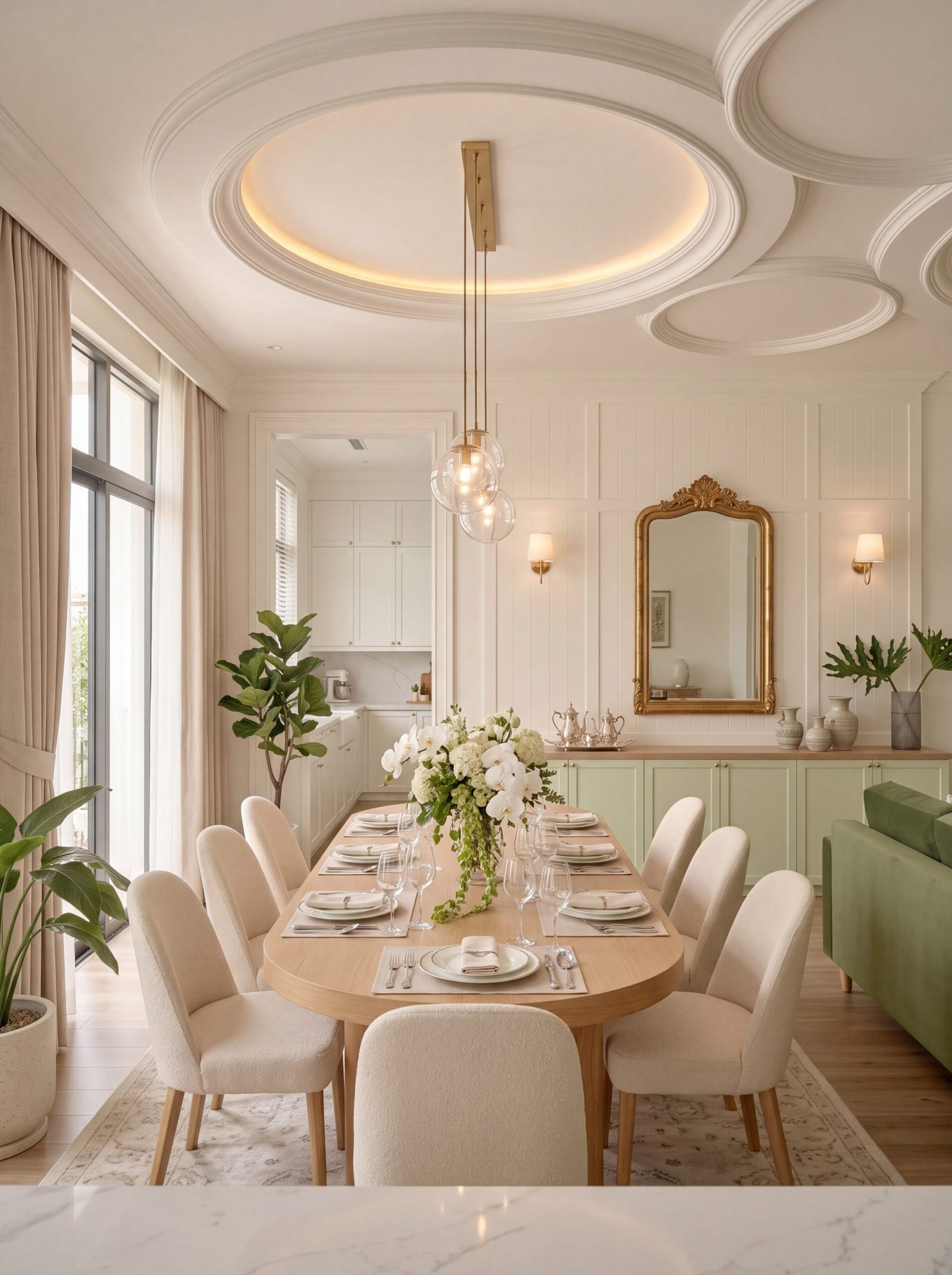 Dining room ceiling with round medallion detail and warm recessed lighting above the table.