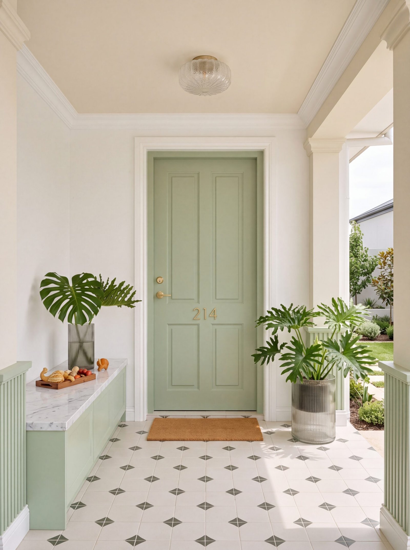 Front porch entryway with sage green door, patterned tile flooring, and potted plants.