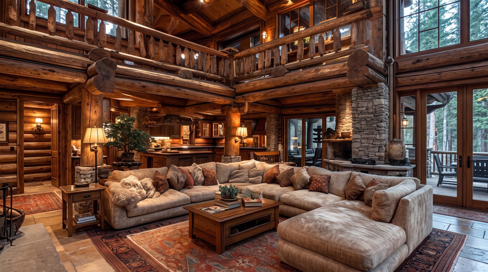 Wood Log House Living Rooms With Soaring Ceilings