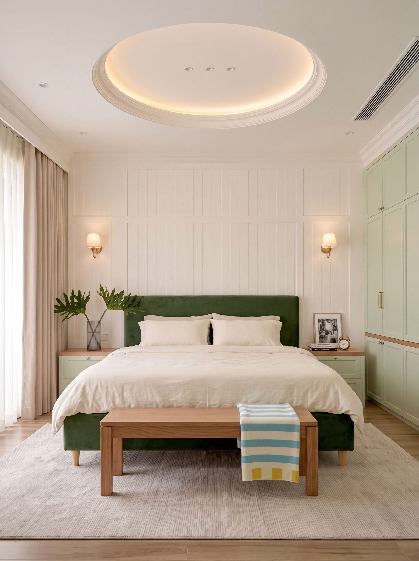 Master bedroom with round tray ceiling, cove lighting, and forest green upholstered headboard.