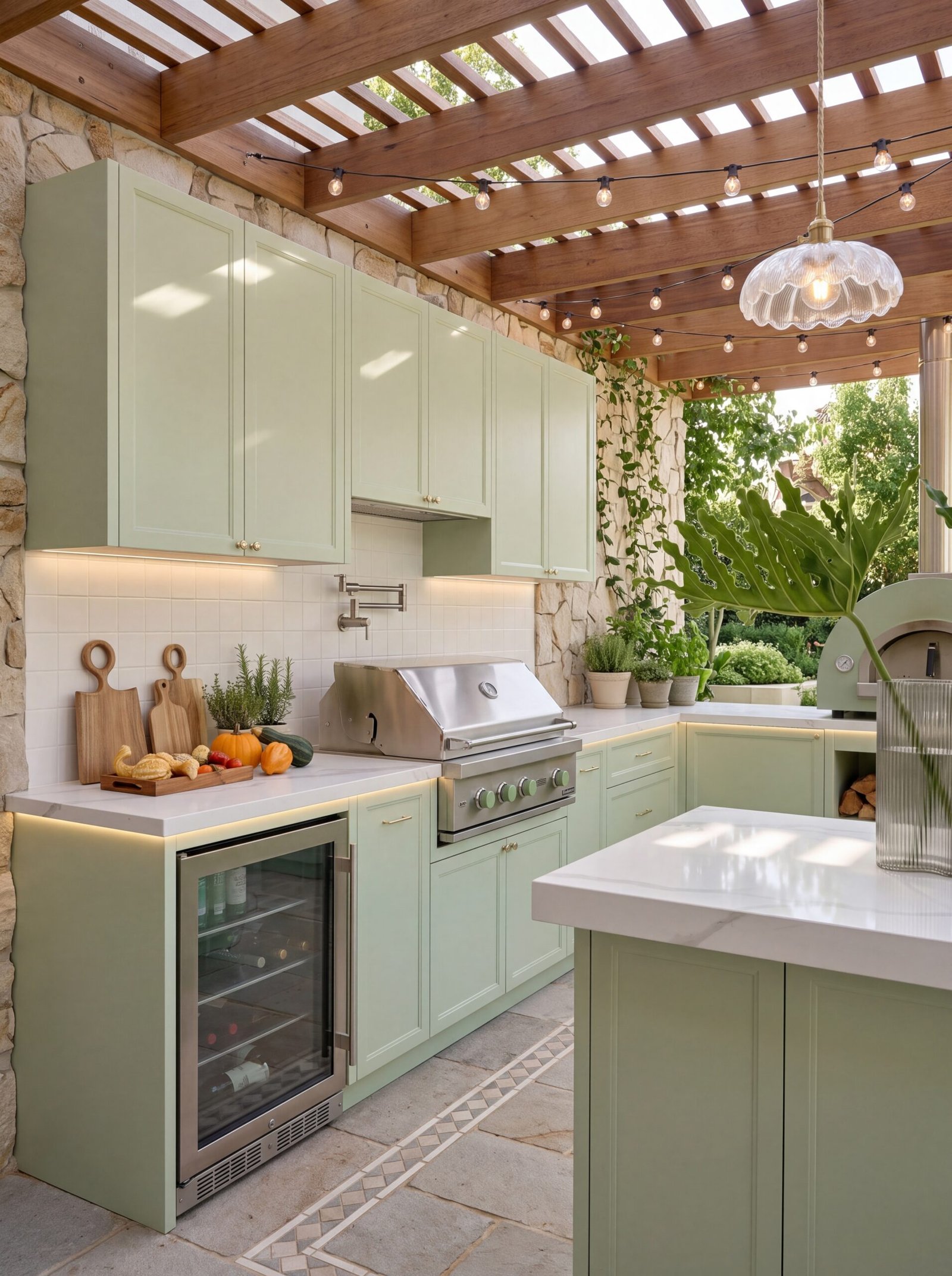 Outdoor kitchen with sage green cabinetry, wood pergola, and built-in grill station.