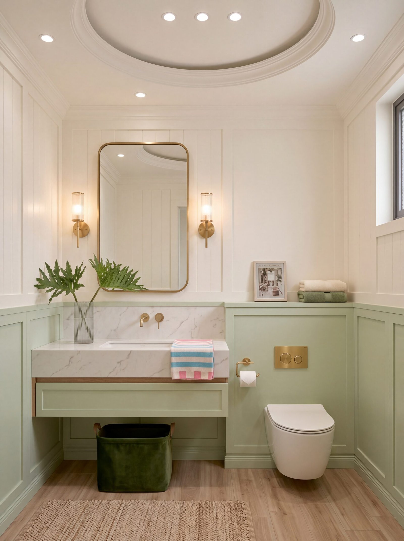 Powder room with sage green wainscoting, arched mirror, and brass wall sconces.