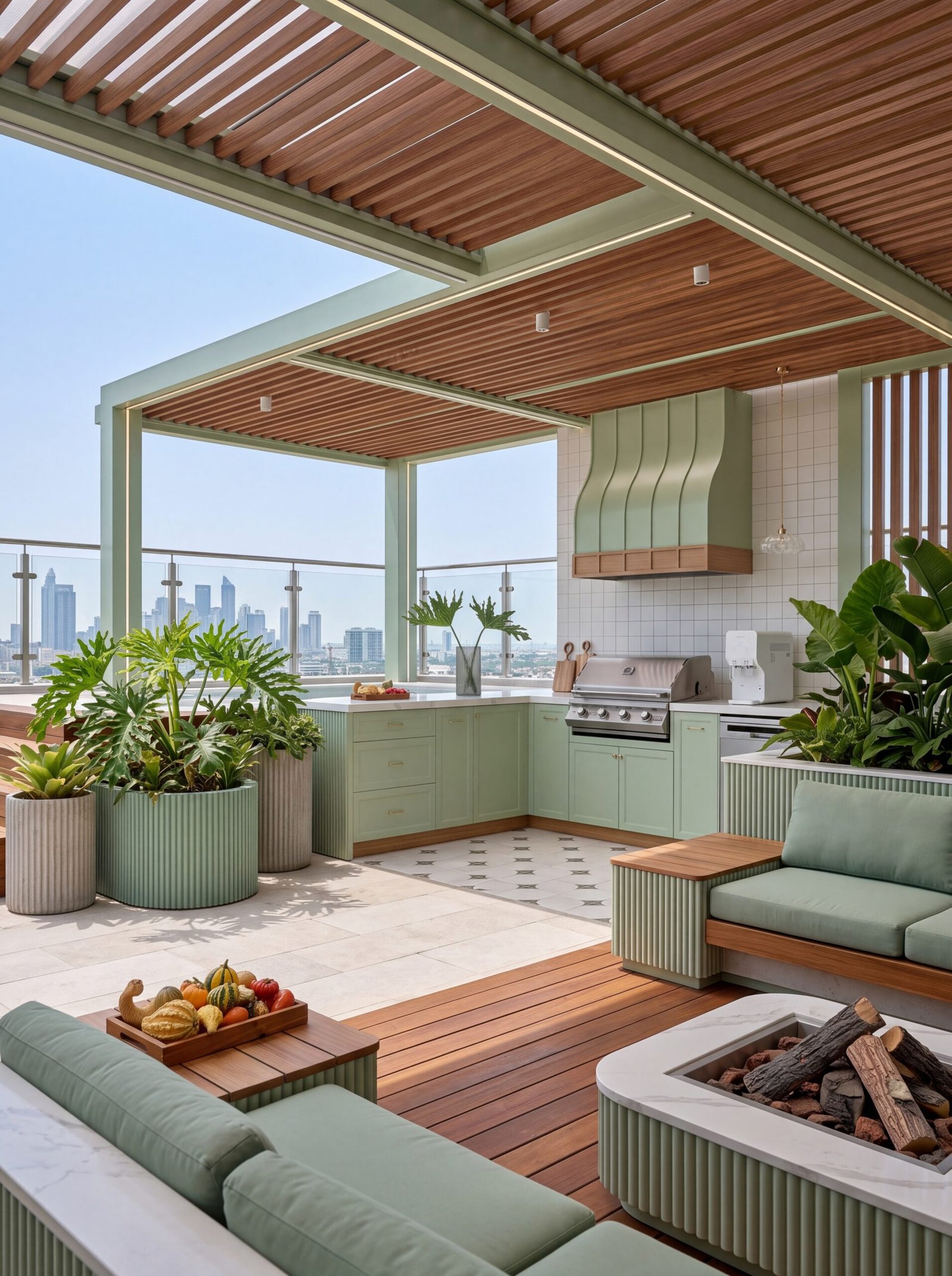 Rooftop terrace with sage green outdoor kitchen, wood pergola, and city skyline view.