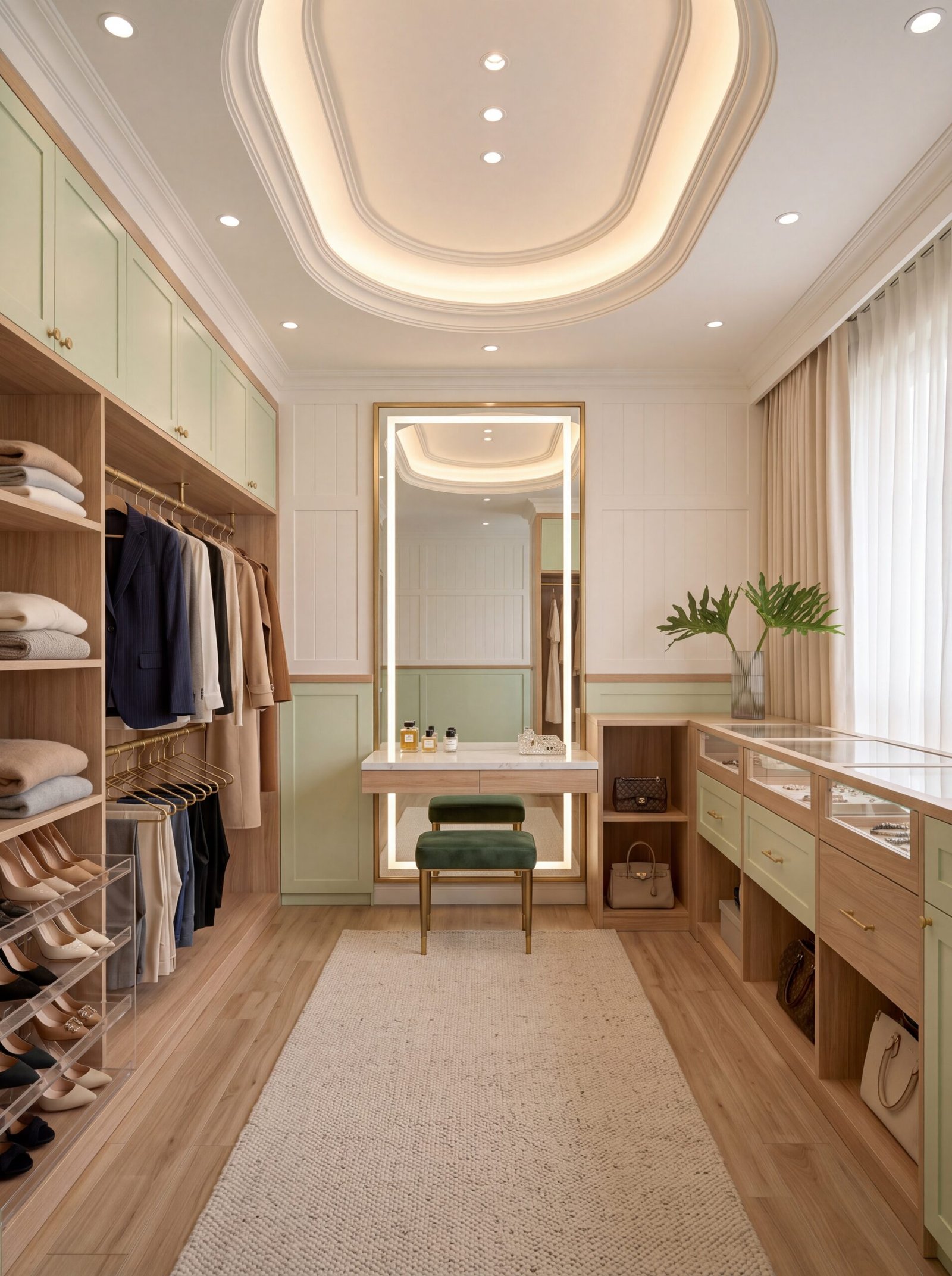 Walk-in closet with open wood shelving, full-length mirror, and built-in vanity area.