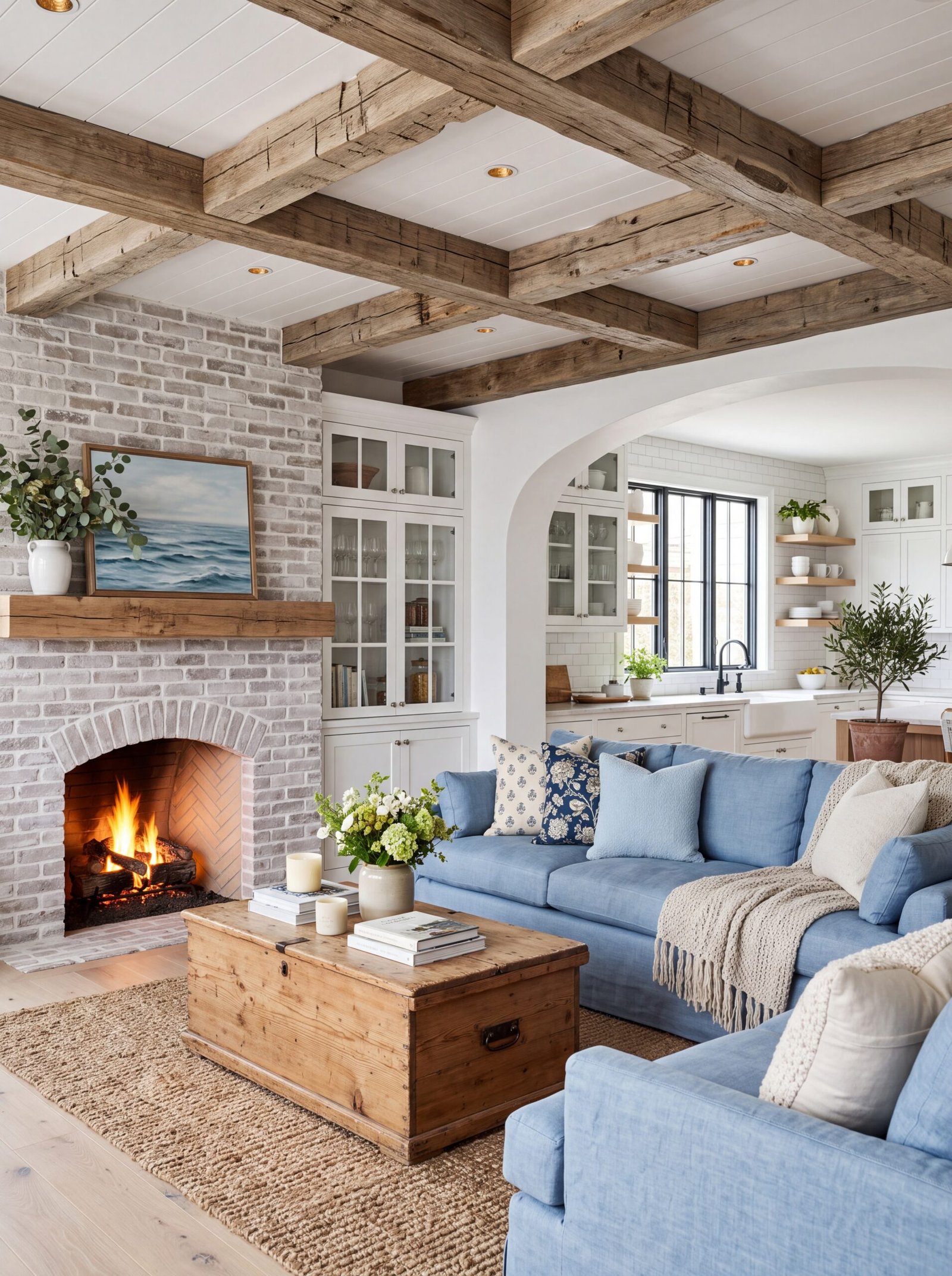 Coastal farmhouse living room with blue sofas, whitewashed brick fireplace, and wood trunk