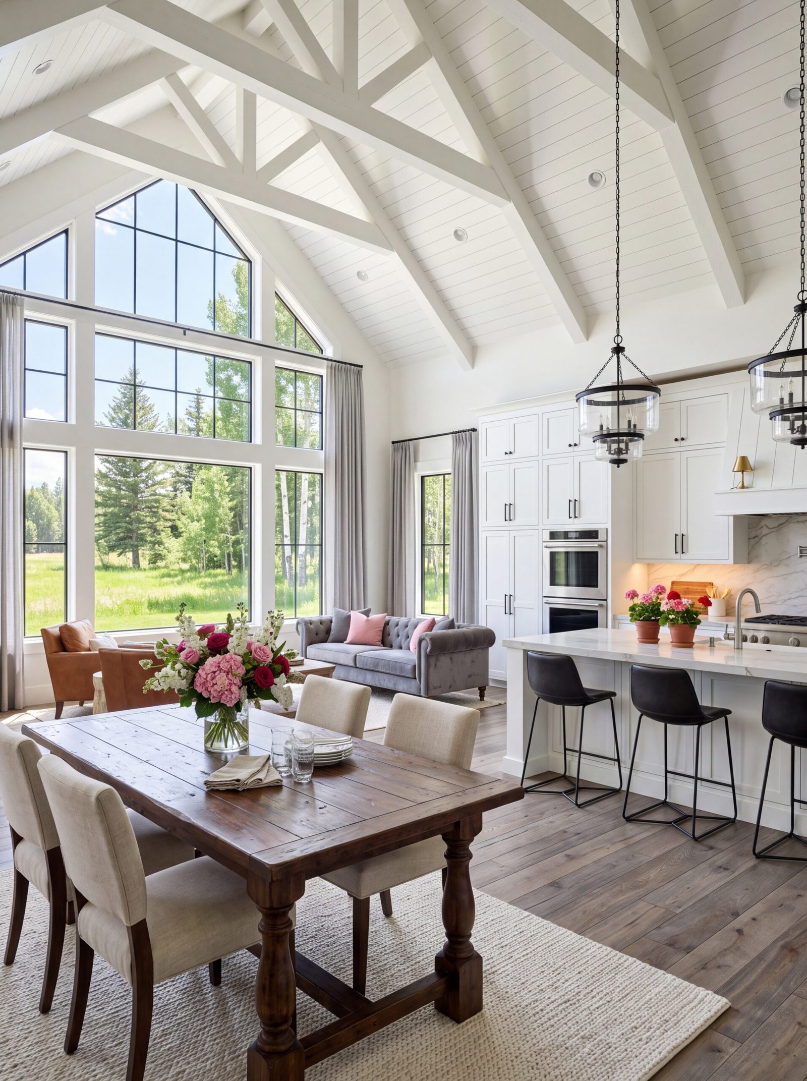 farmhouse dining room vaulted ceiling