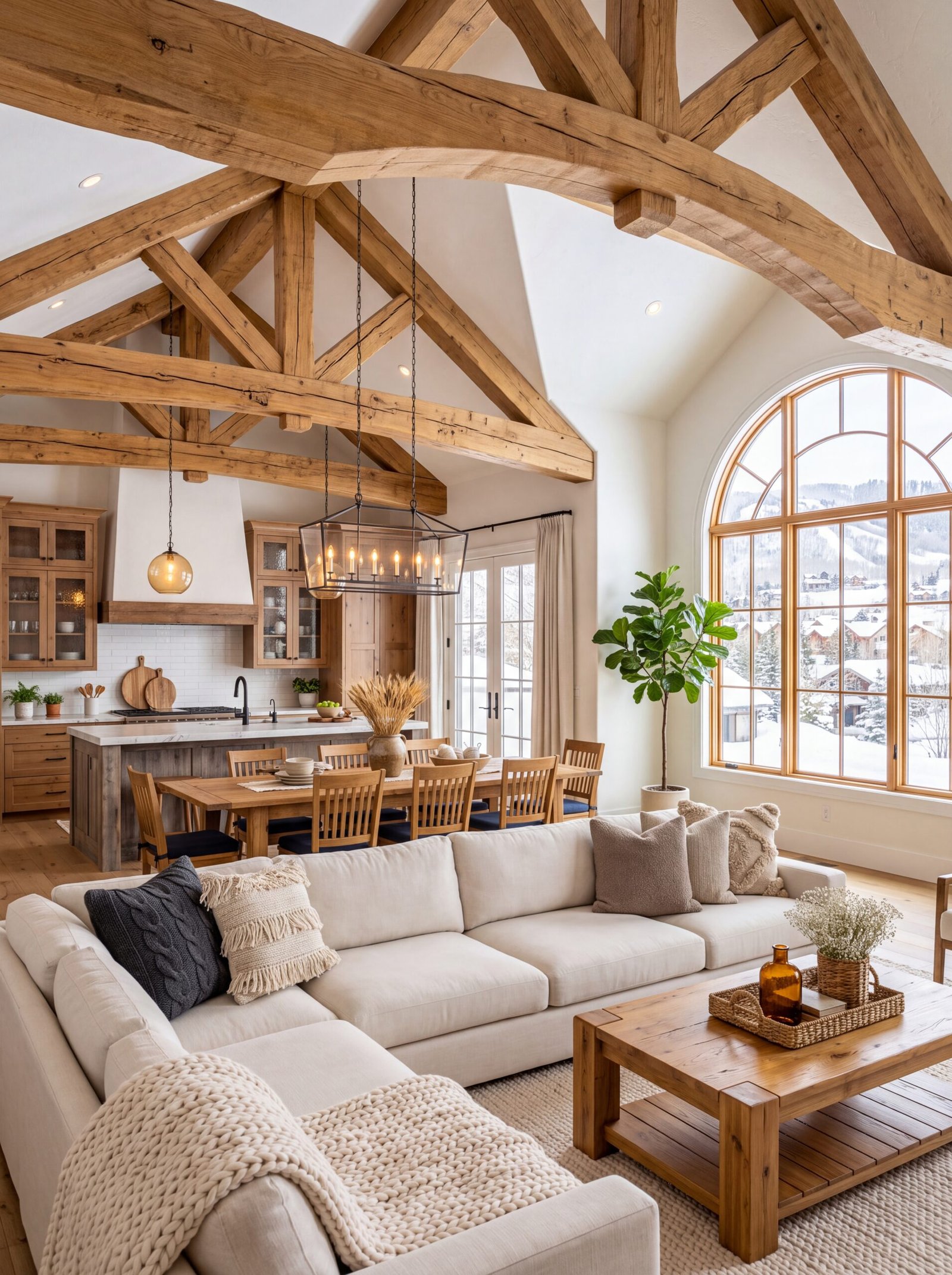 Farmhouse great room with arched windows, wood trusses, and cream L-shaped sectional