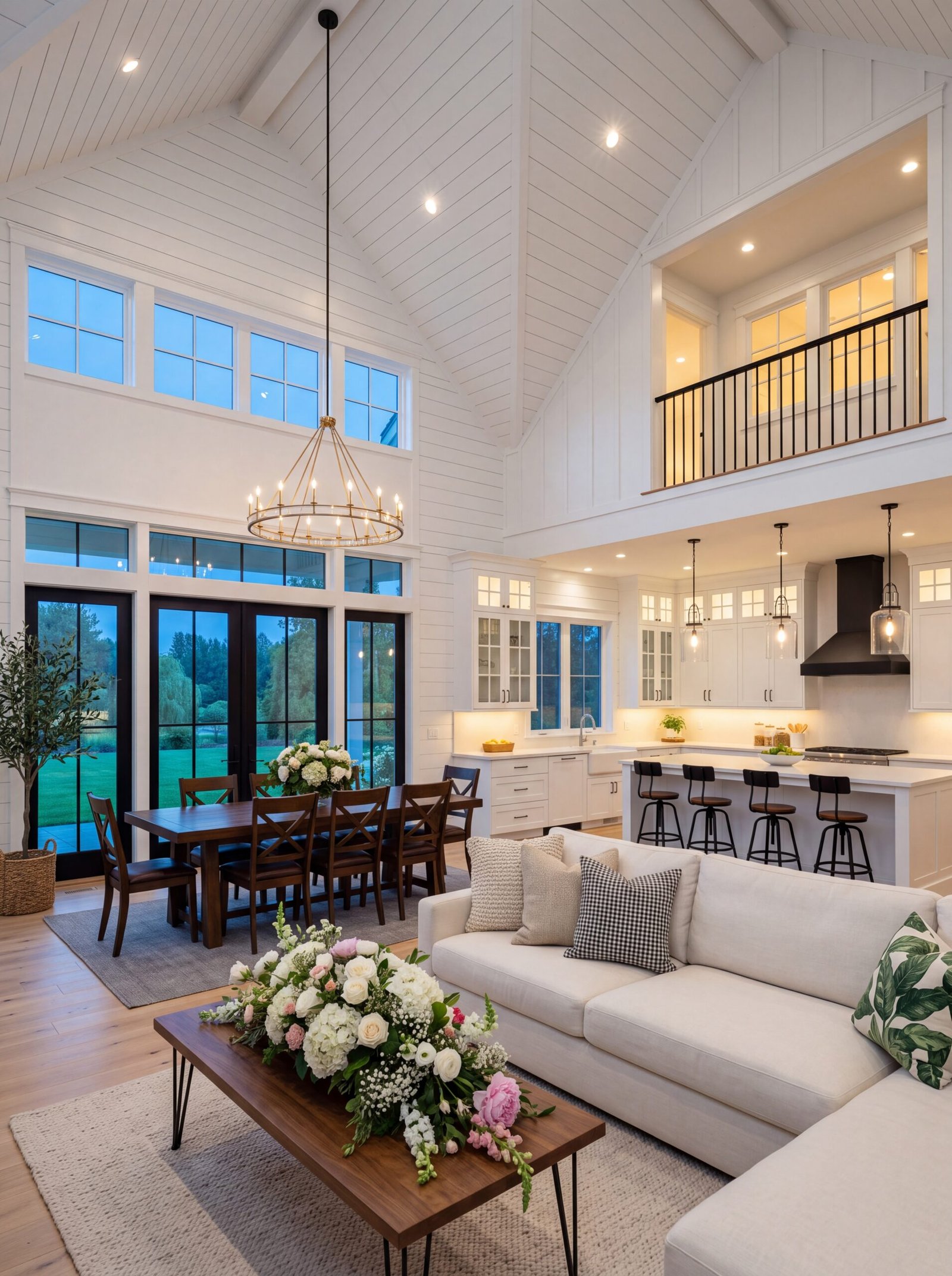 Modern farmhouse great room with white vaulted ceiling, loft balcony, dining table, and white sofas