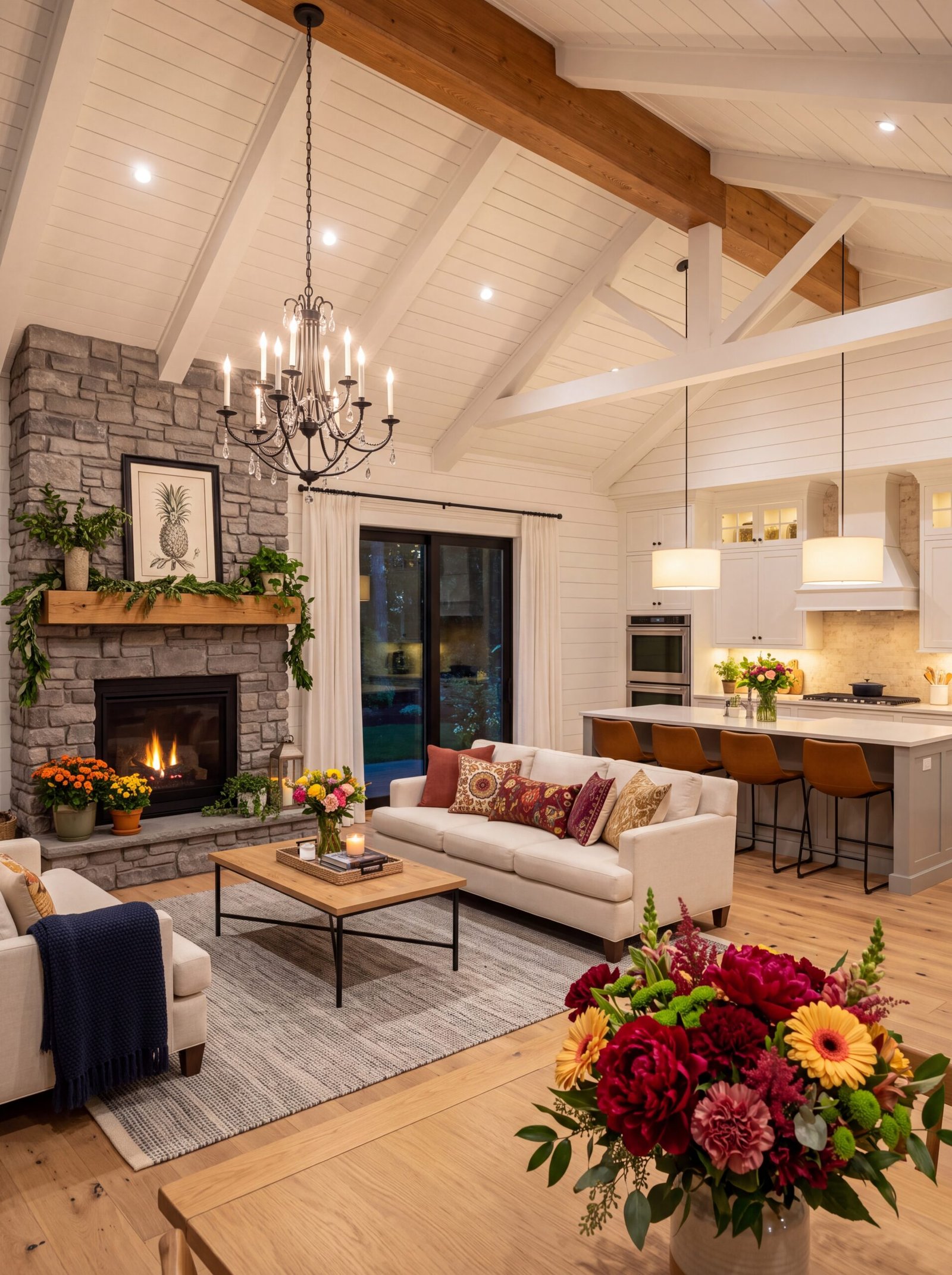 farmhouse great room stone fireplace