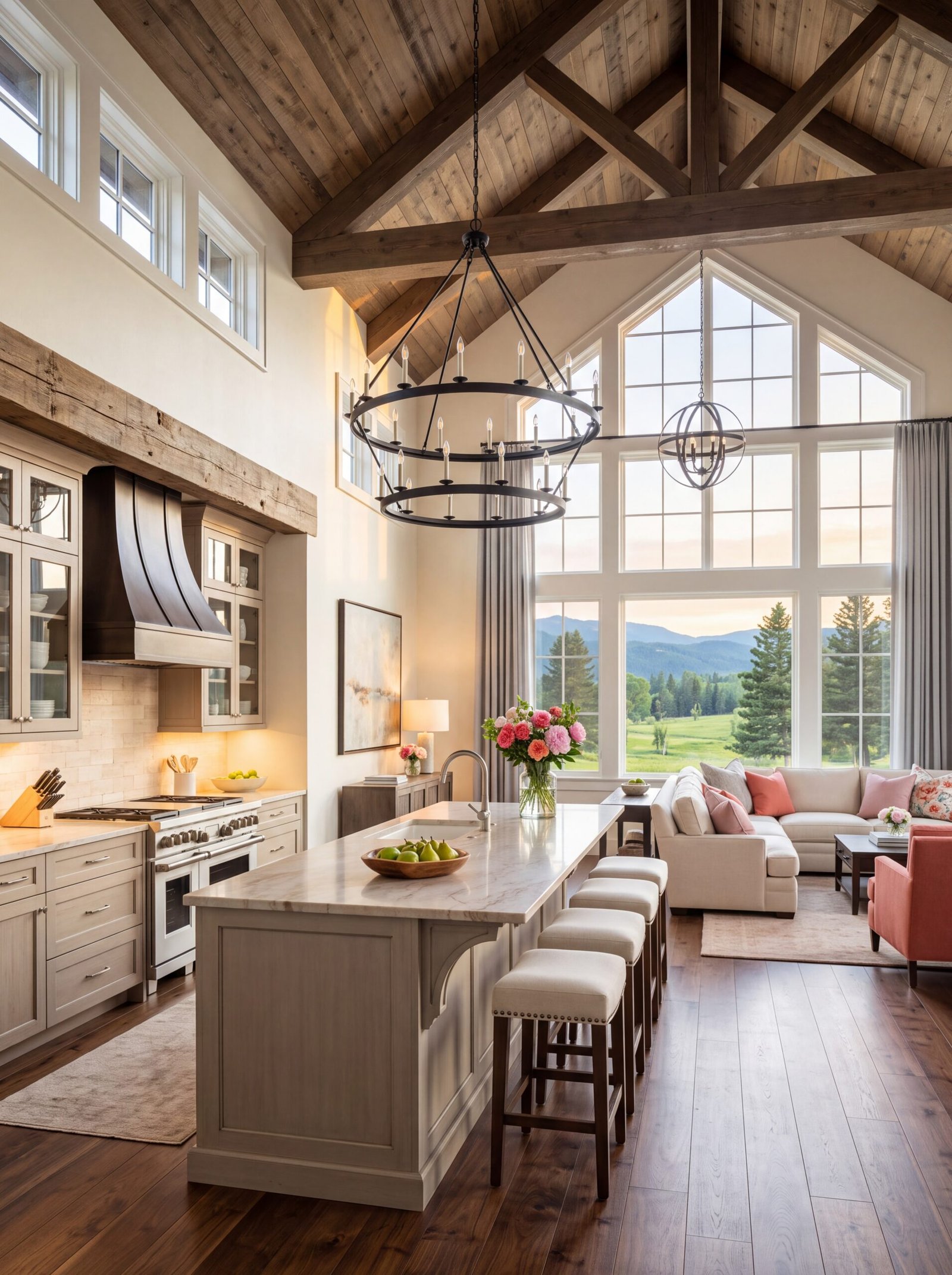 Farmhouse kitchen with wood beams, greige cabinets, metal range hood, and iron chandelier