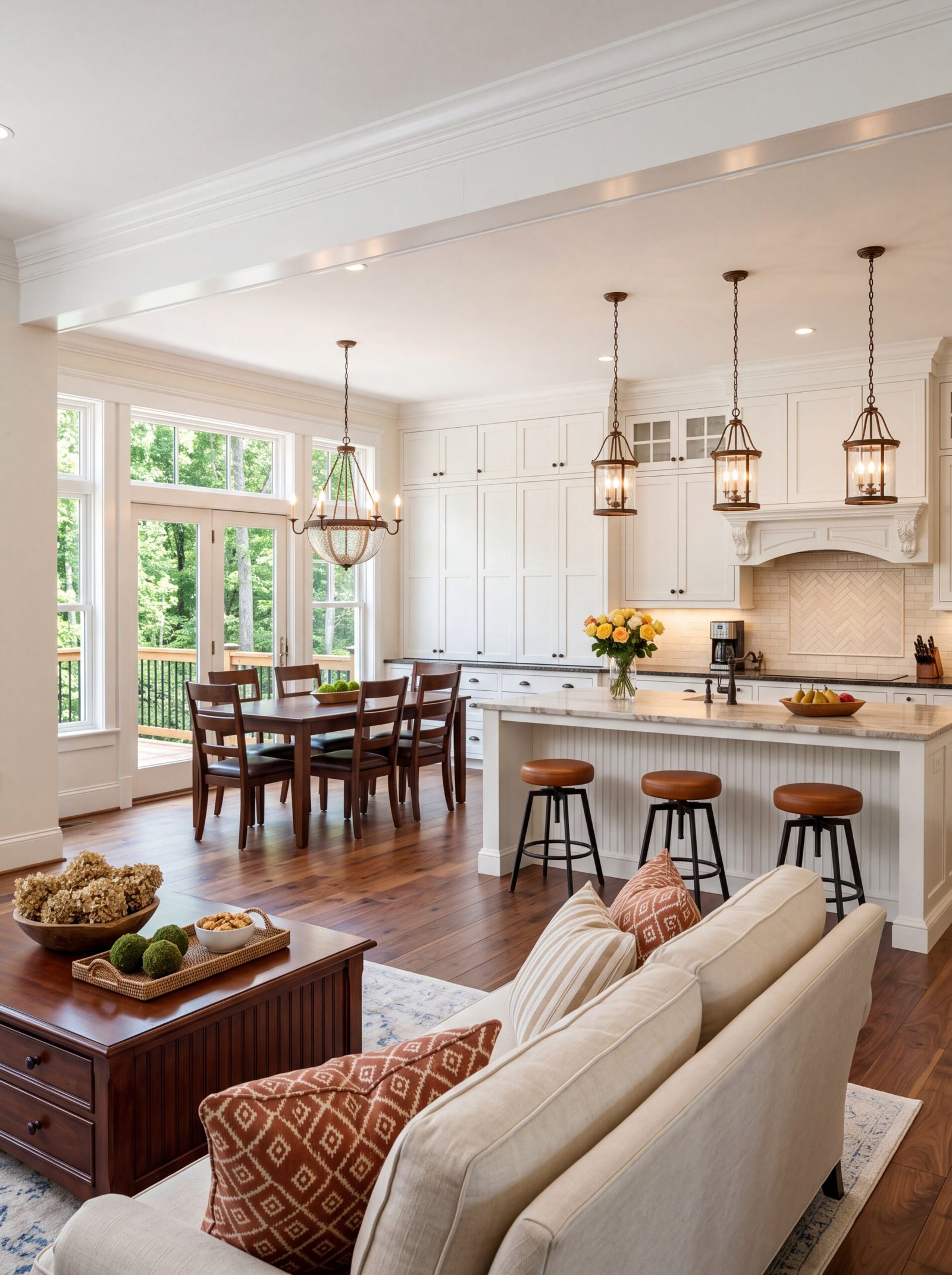 Farmhouse kitchen and living room with cream sofa, rust pillows, and dark hardwood floors
