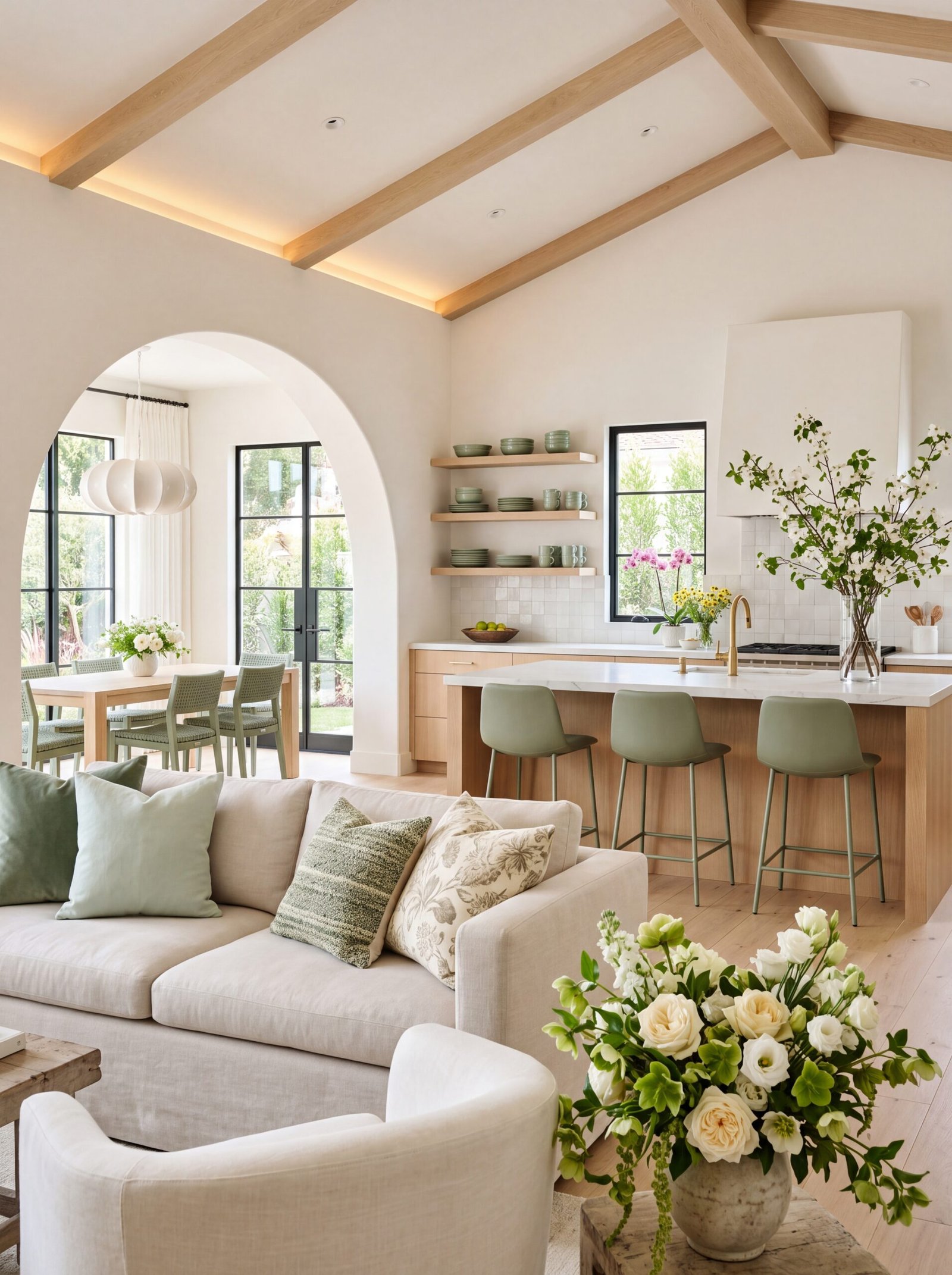farmhouse living room arched doorway