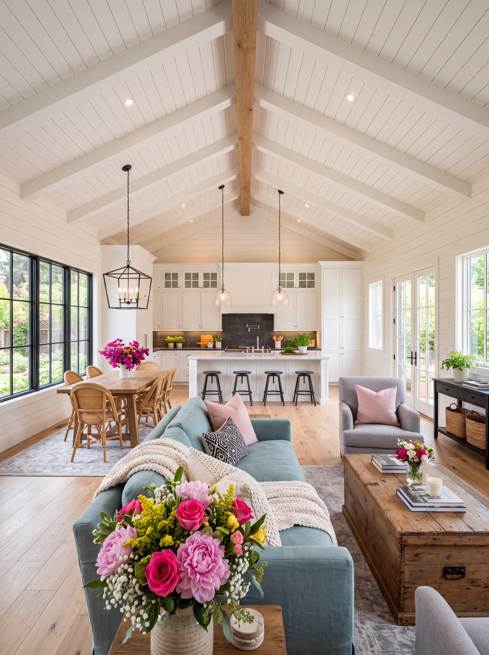 Farmhouse living room with blue sofa, pink flowers, and white vaulted ceiling with wood beam