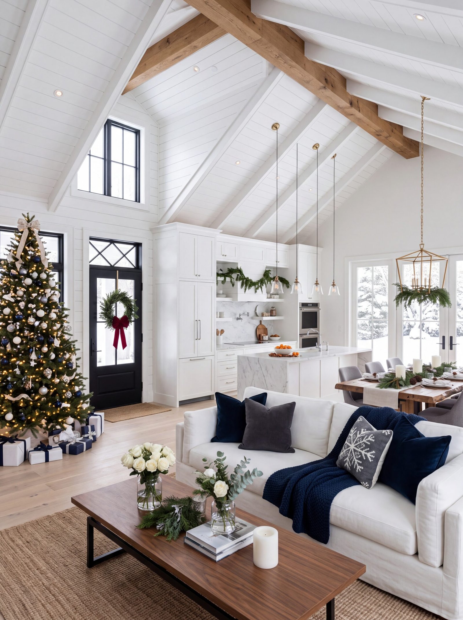Navy farmhouse Christmas living room with decorated tree, front door wreath, and navy pillows