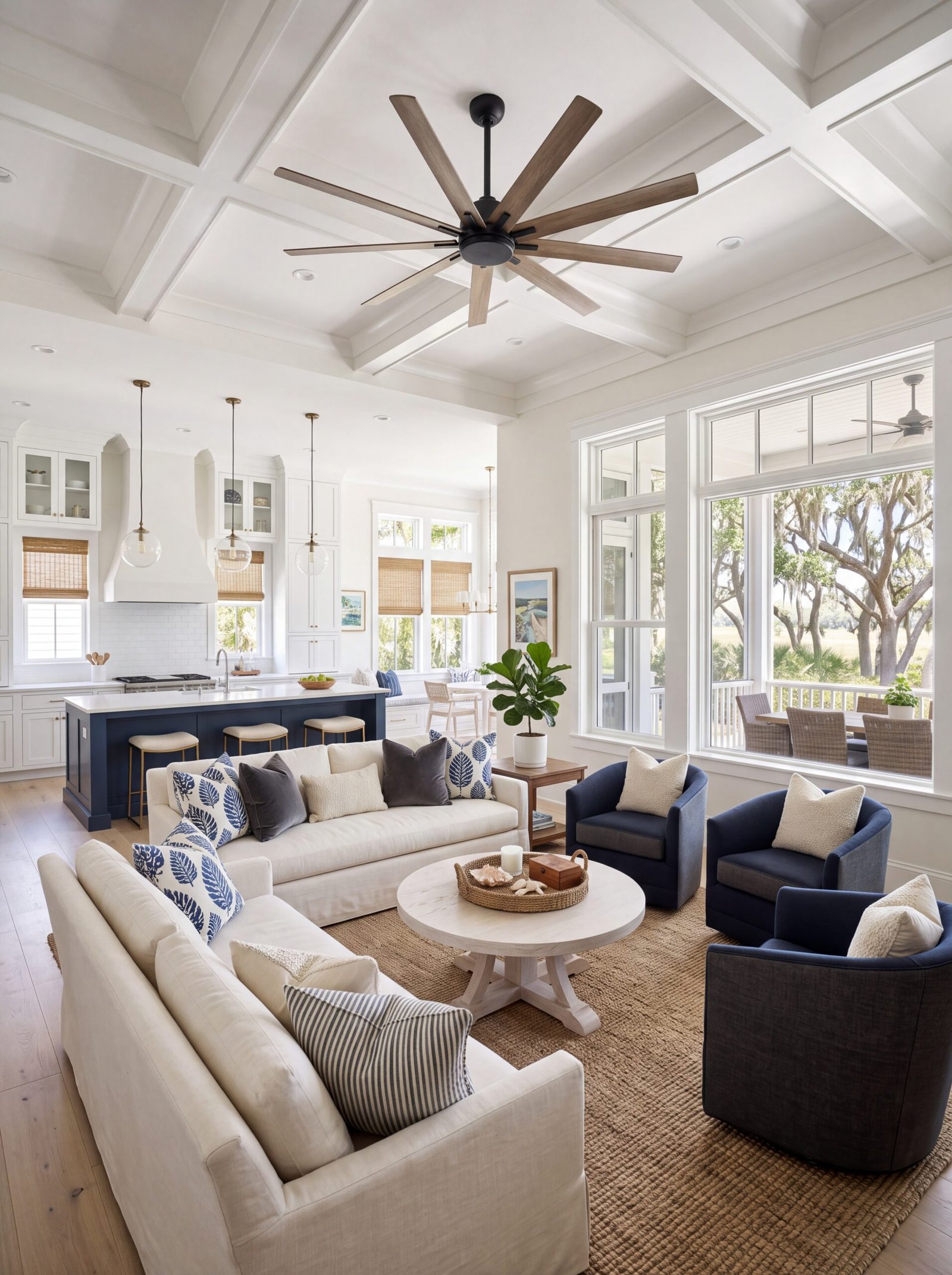 Farmhouse living room with coffered ceiling, ceiling fan, white sofas, and navy armchairs