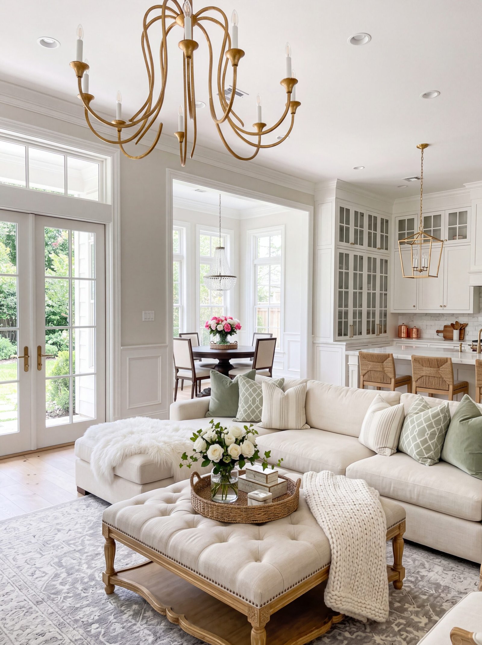 farmhouse living room gold chandelier