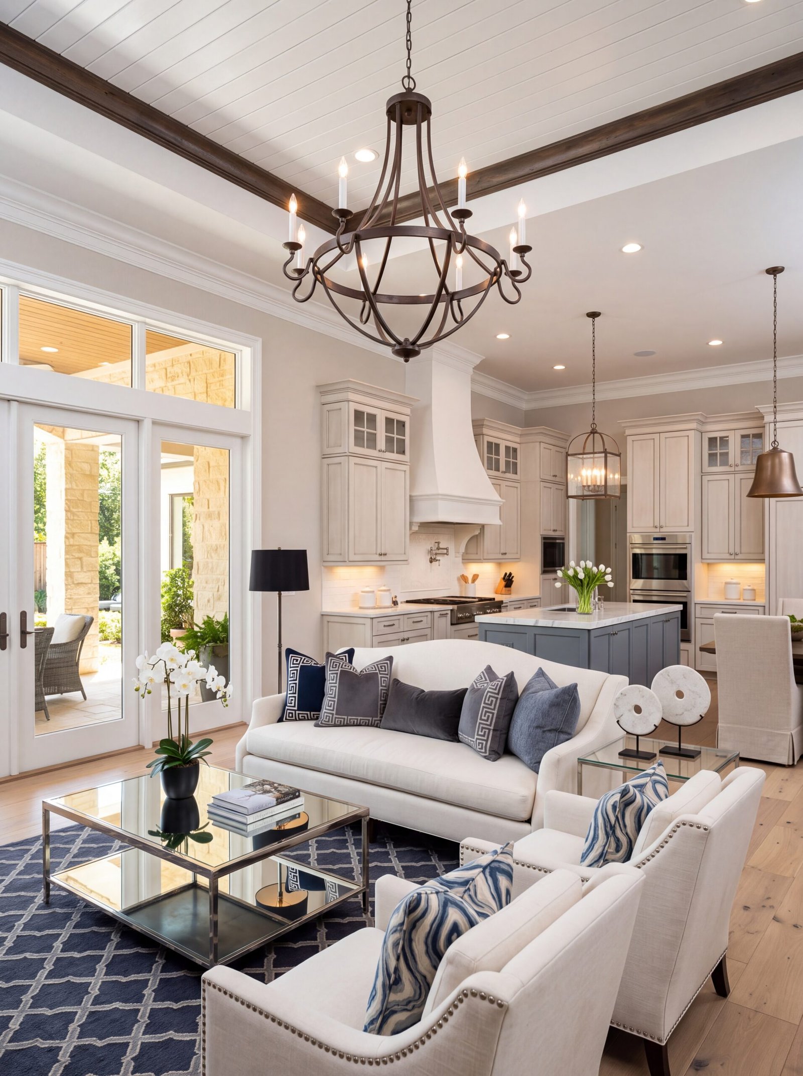 farmhouse living room navy rug