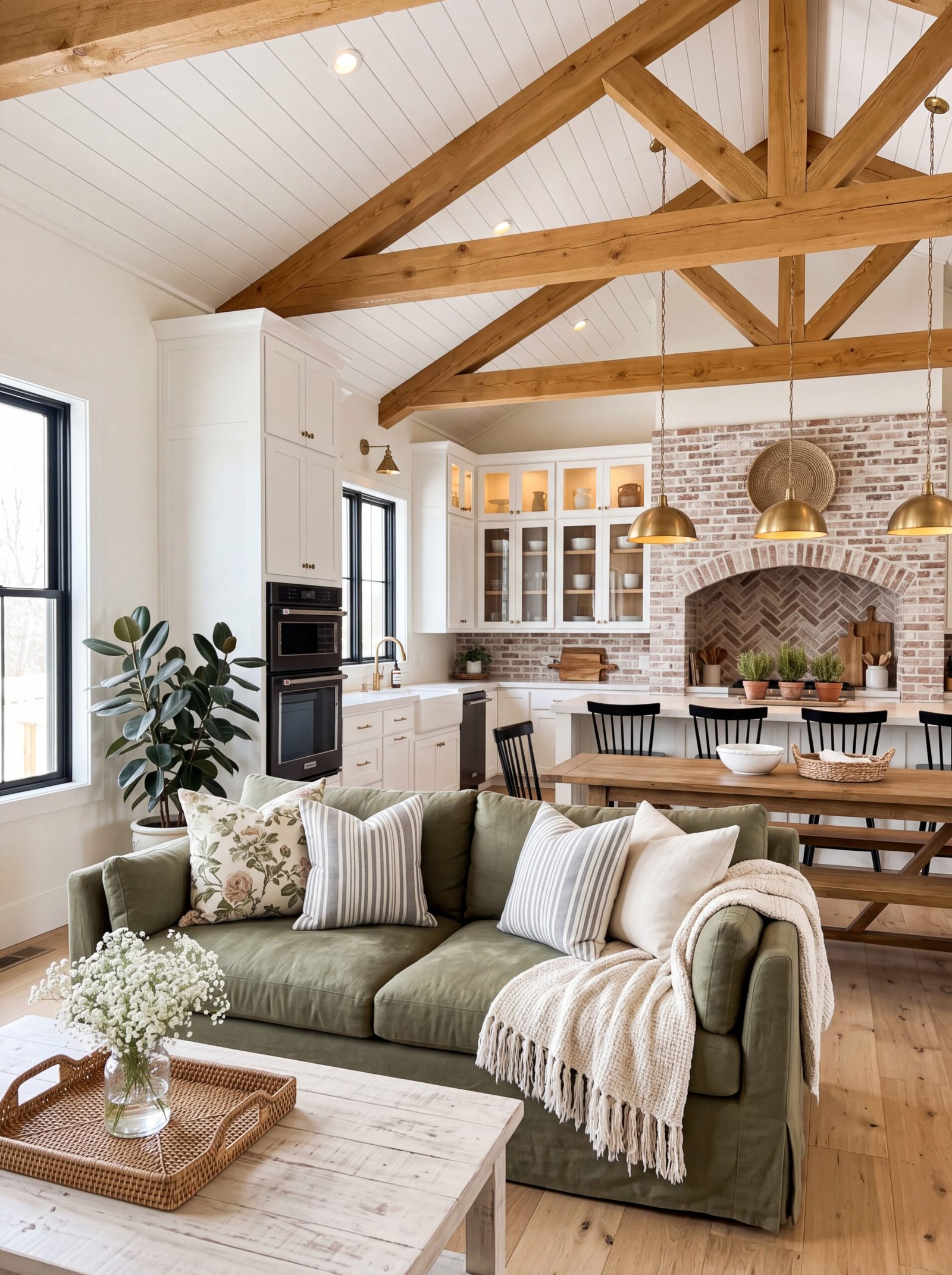 farmhouse living room olive green sofa