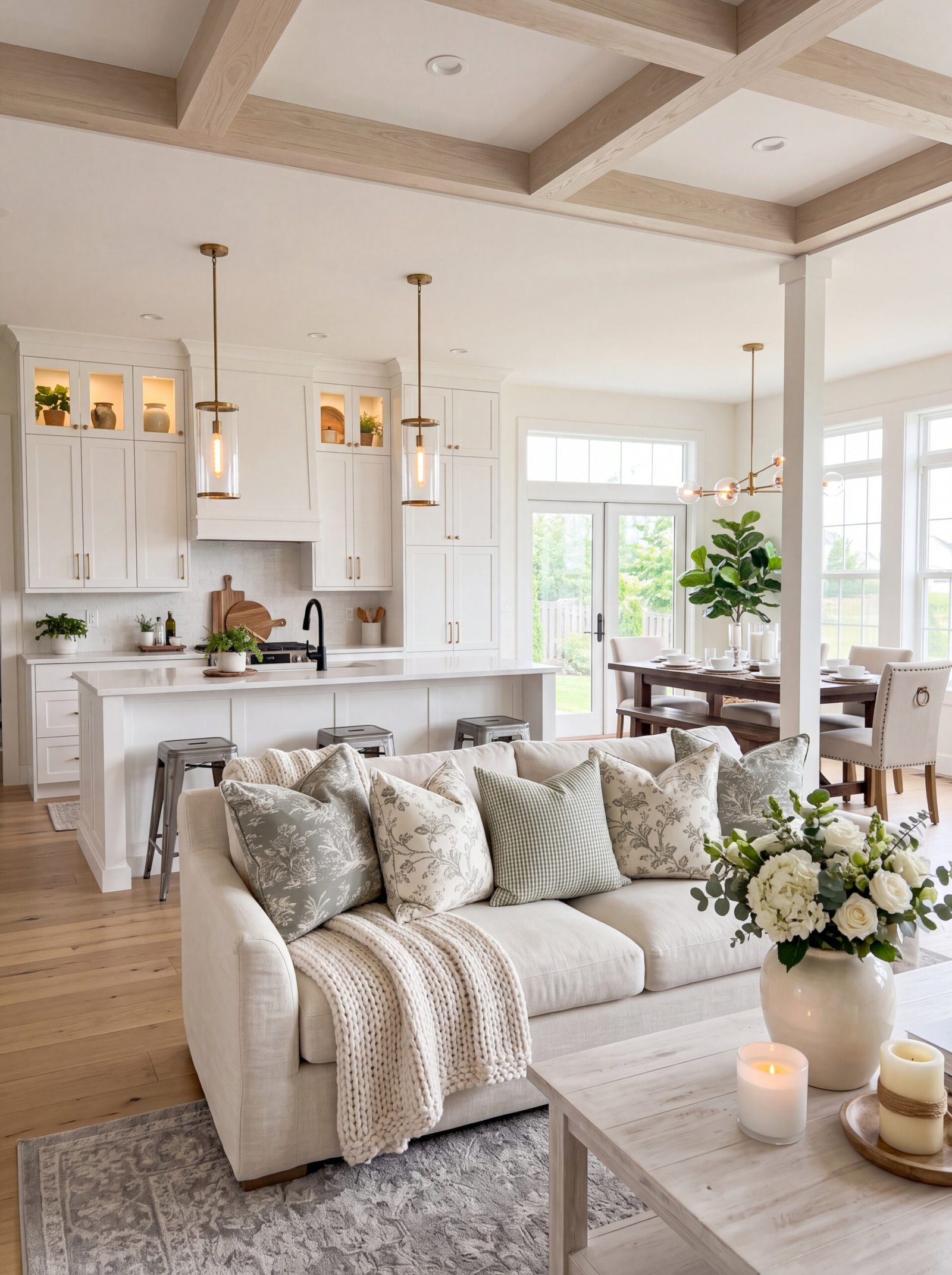 Sage green farmhouse living room with cream sofa, knit throw, and open white kitchen