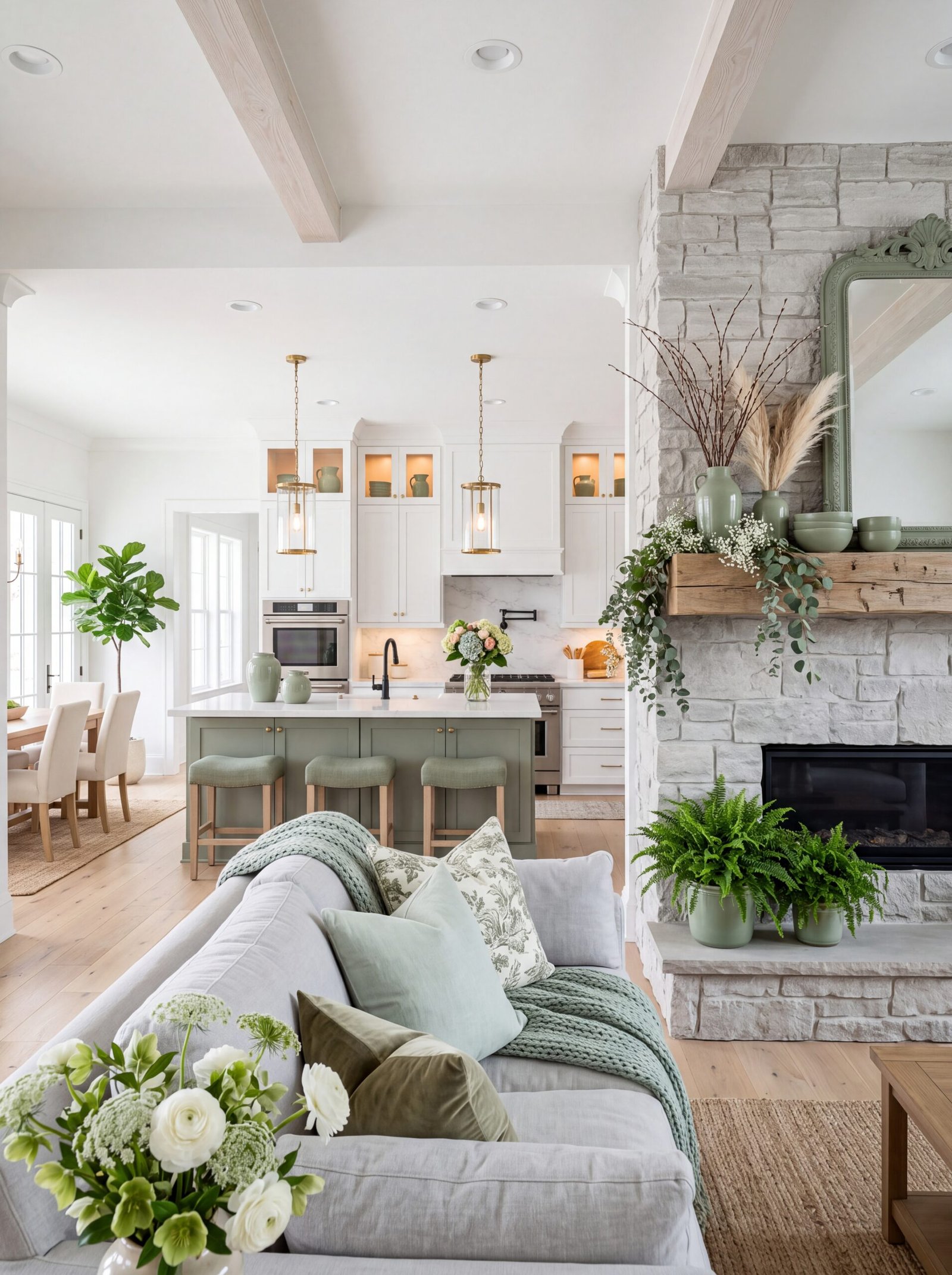 farmhouse living room stone fireplace