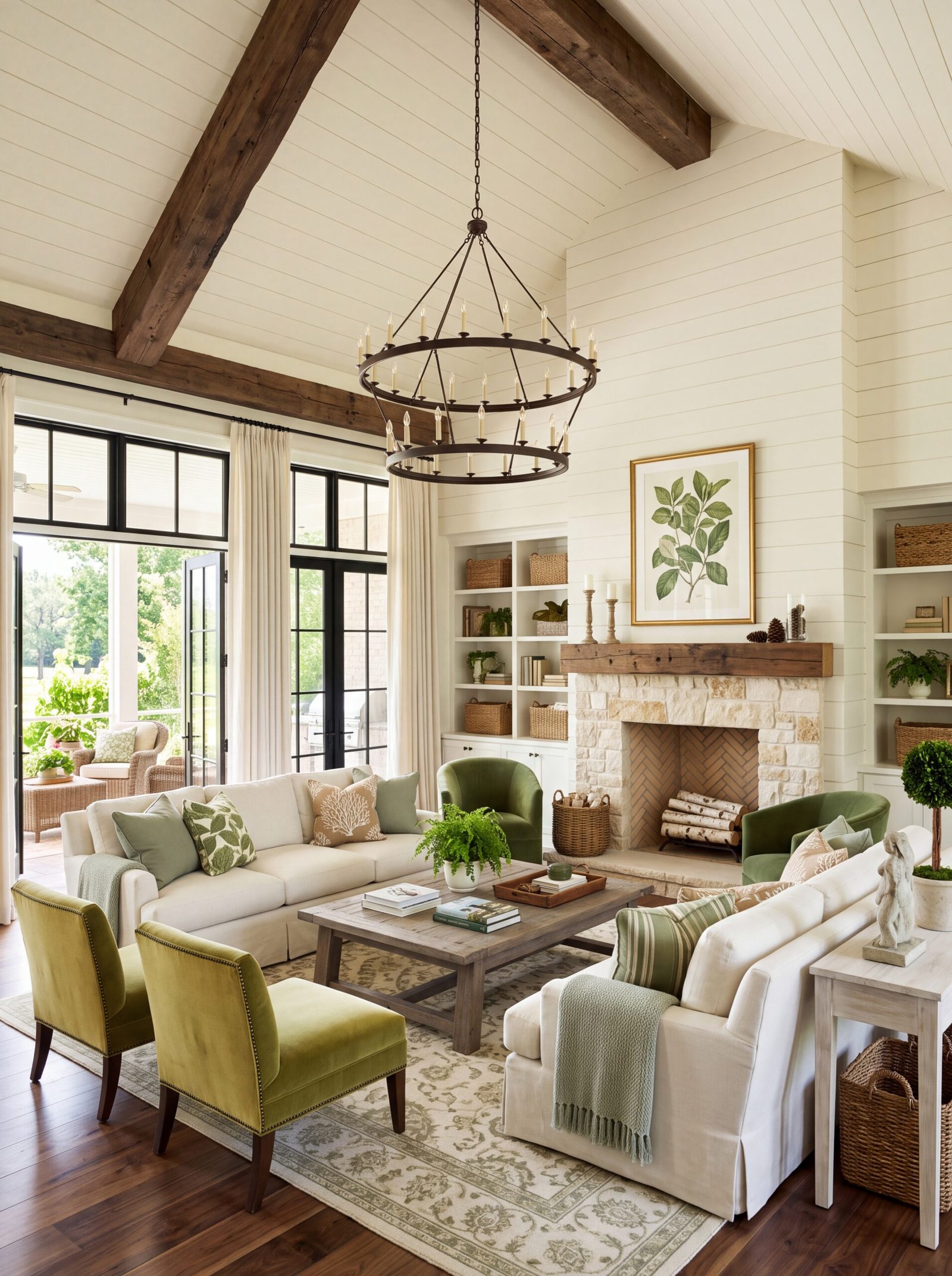 Farmhouse living room with green armchairs, dark wood beams, and round iron chandelier