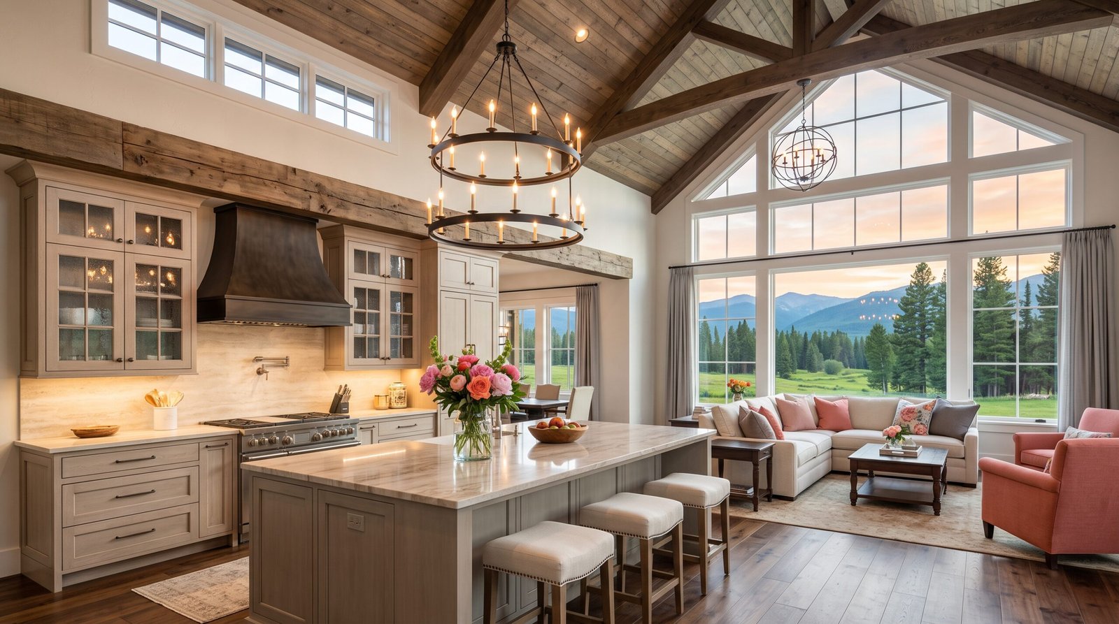 Modern farmhouse kitchen and living room with vaulted wood beam ceiling, iron candle chandelier, marble island, and large windows overlooking mountains at sunset