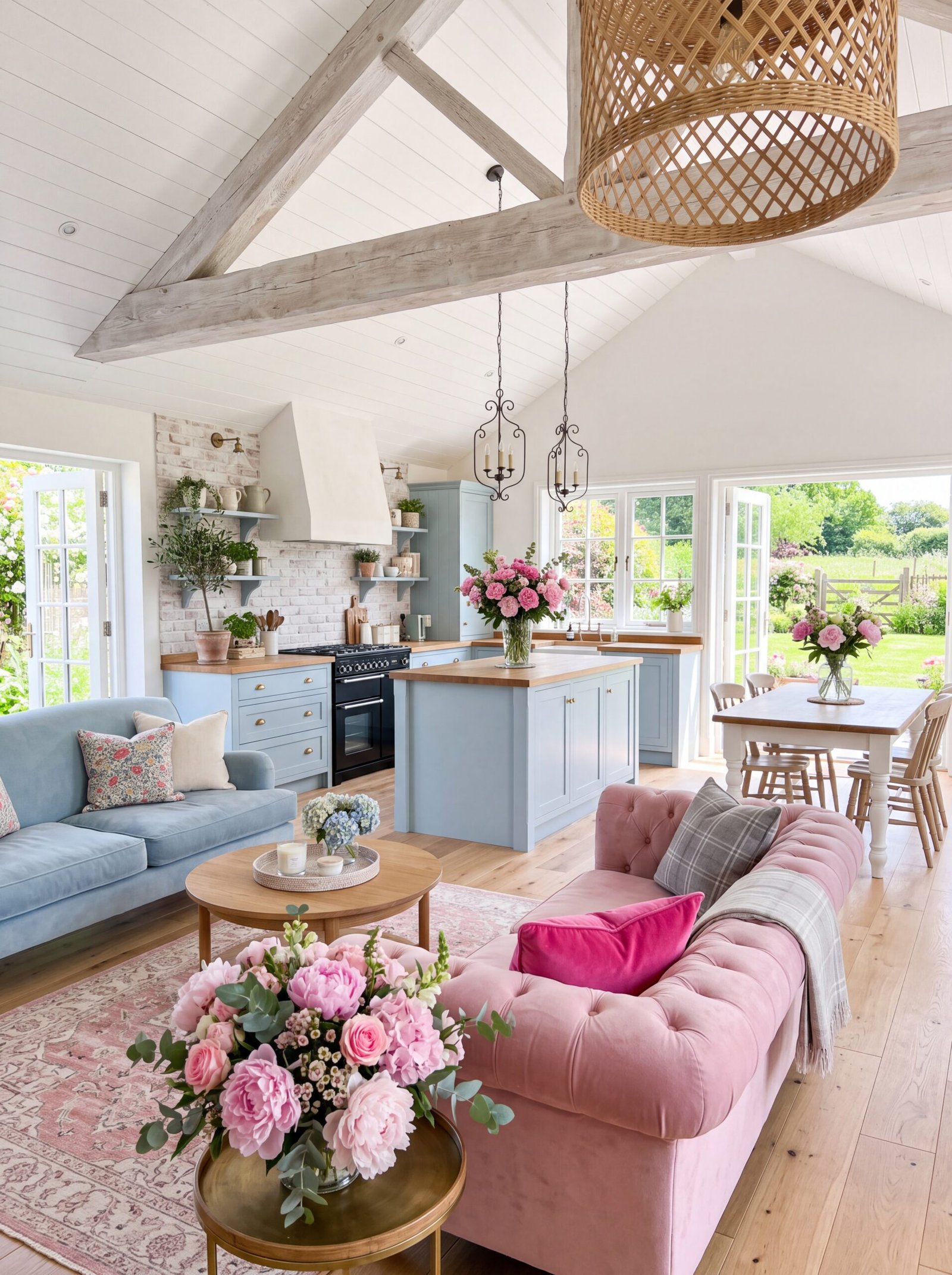 Pink and blue farmhouse living room with pink tufted sofa, rattan pendant, and fresh peonies