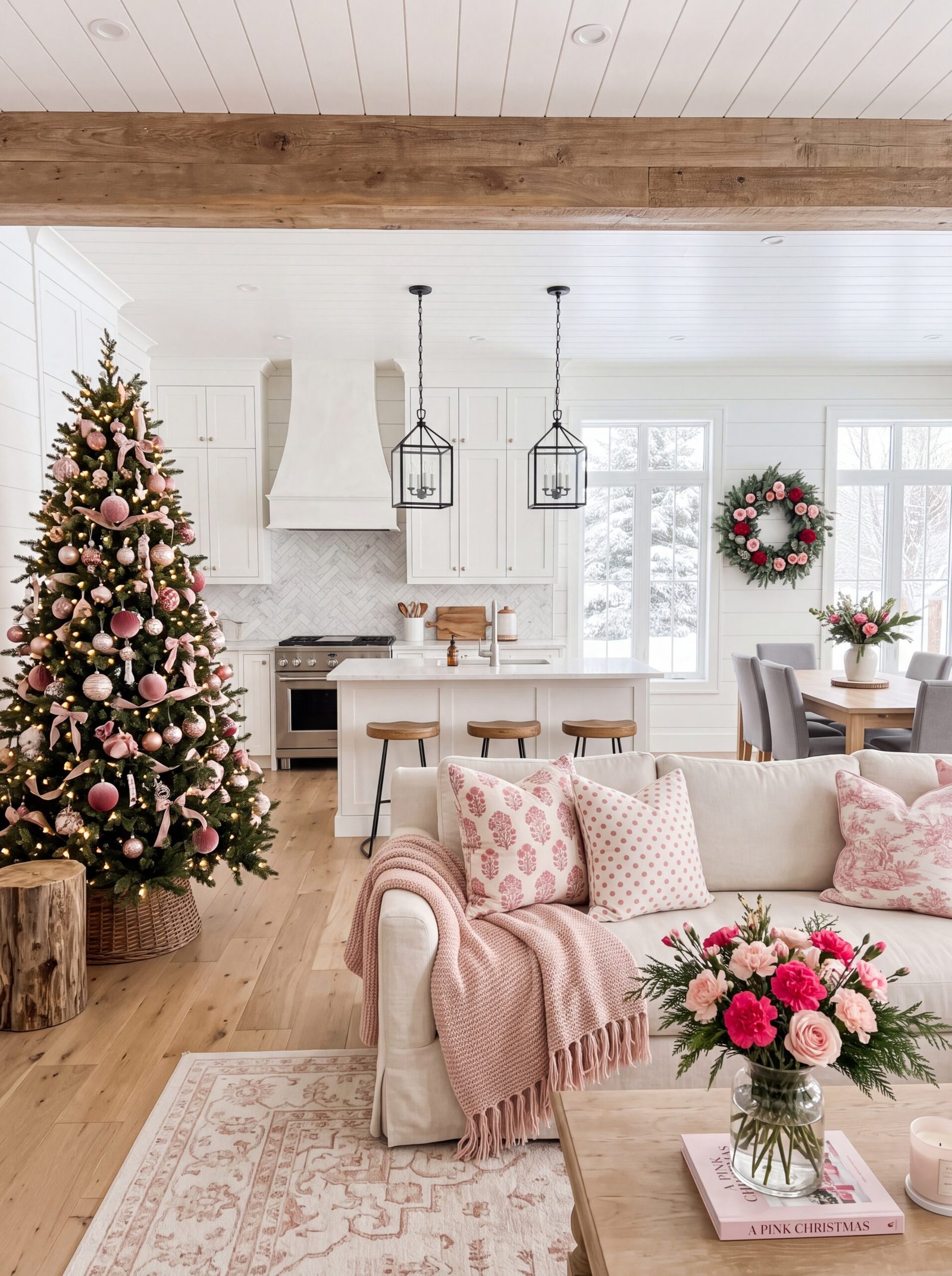 Pink farmhouse Christmas living room with decorated tree, pink throw, and fresh flowers