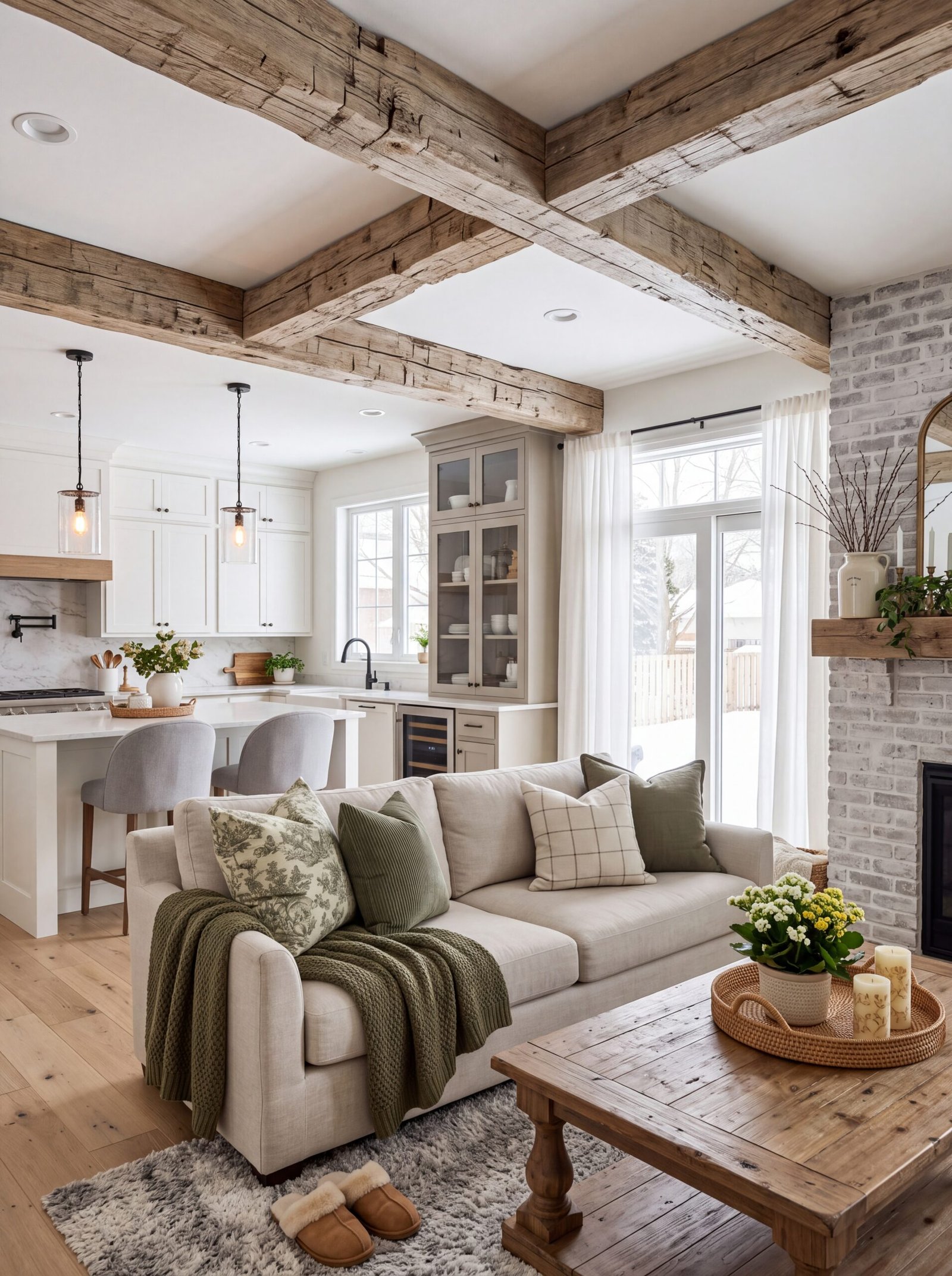 Rustic farmhouse living room with exposed wood beams and limewashed brick fireplace