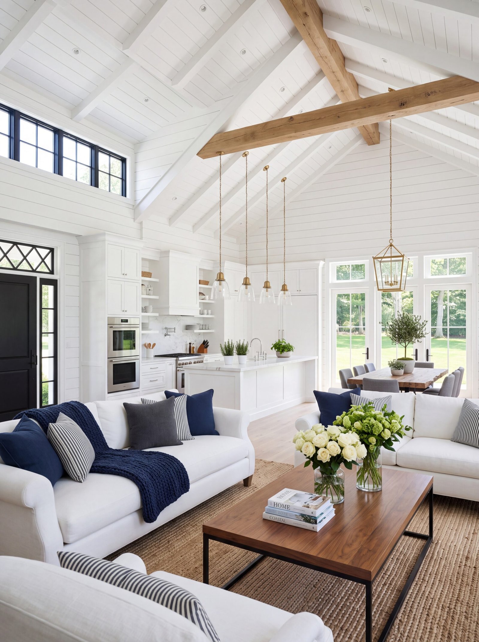 White farmhouse living room with navy pillows, wood beam ceiling, and wood coffee table